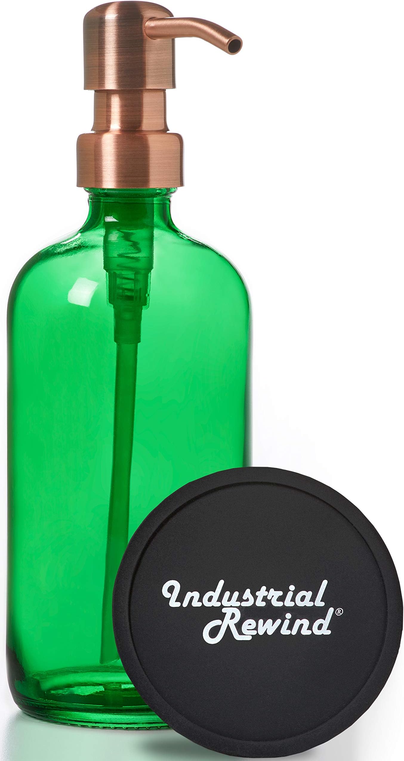 Industrial Rewind Green Glass Soap Dispenser with Copper Metal Pump - Green 16oz Glass Bottle Lotion Bottle