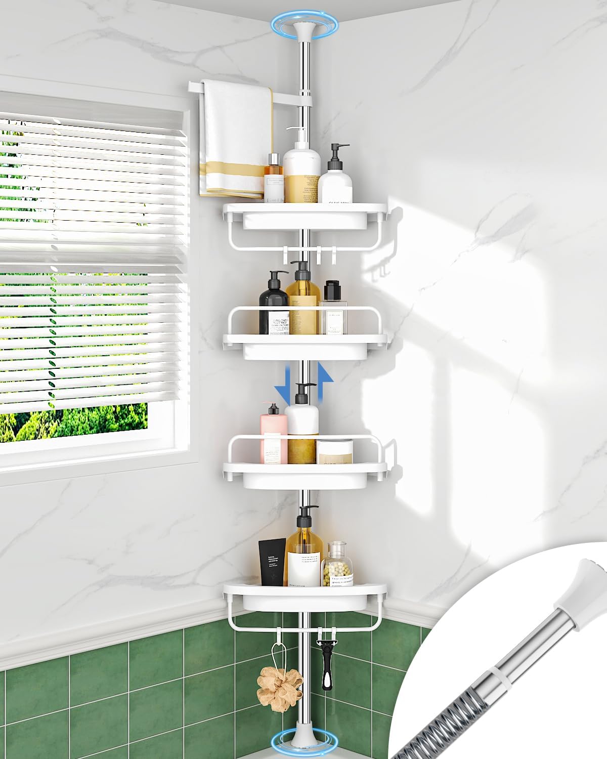 ALLZONE Rustproof Shower Caddy Corner for Bathroom, Tension Corner Shower Caddy Tension Pole, Solid Shower Organizer with 4 Adjustable Shower Shelves, Shower Rack Fit Heights 39 to 113 Inches,White