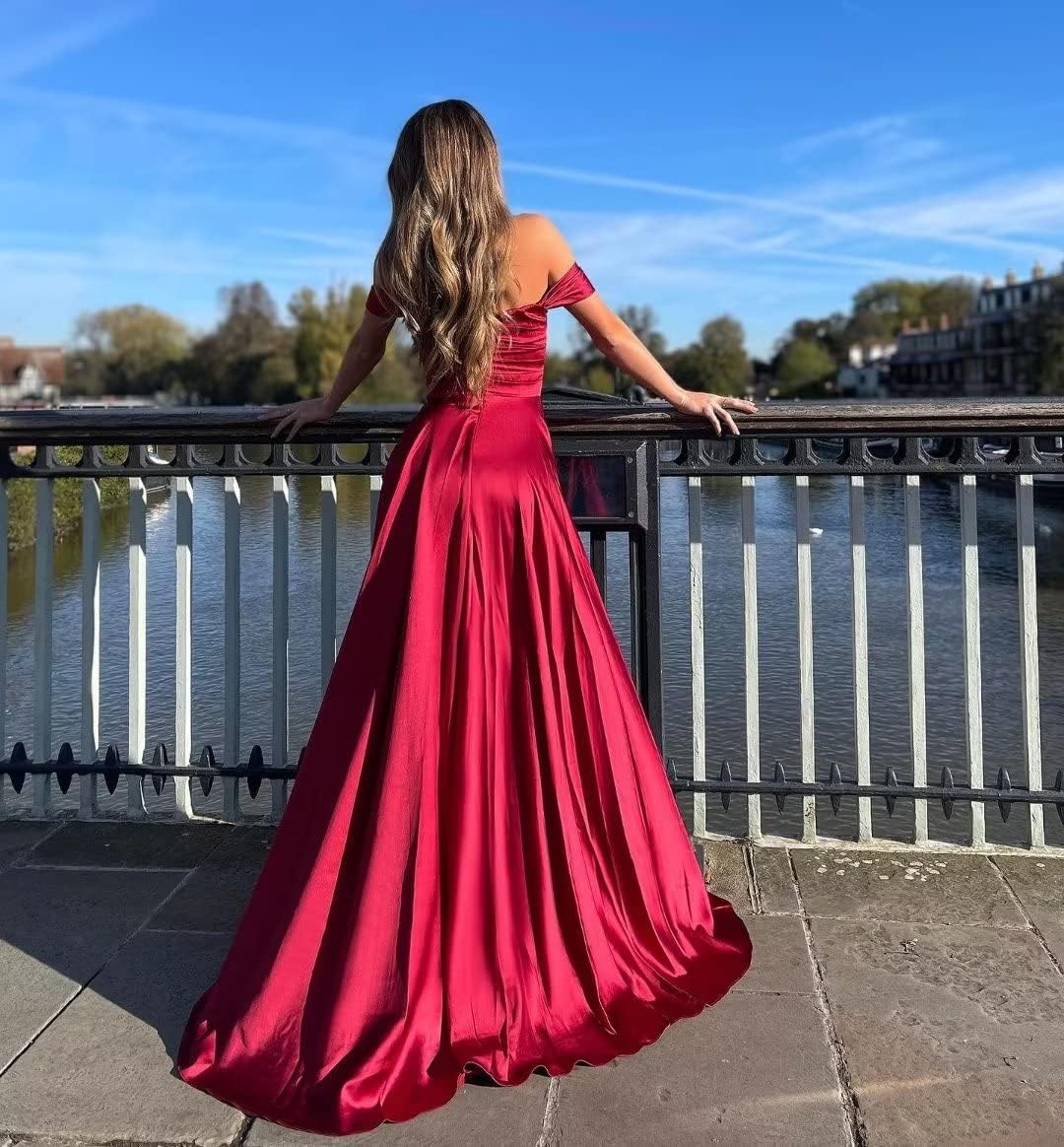 Monlity Bridesmaid Dresses with Slit Satin Long Spaghetti Straps Square Neck Pleated Maxi Formal Evening Dress