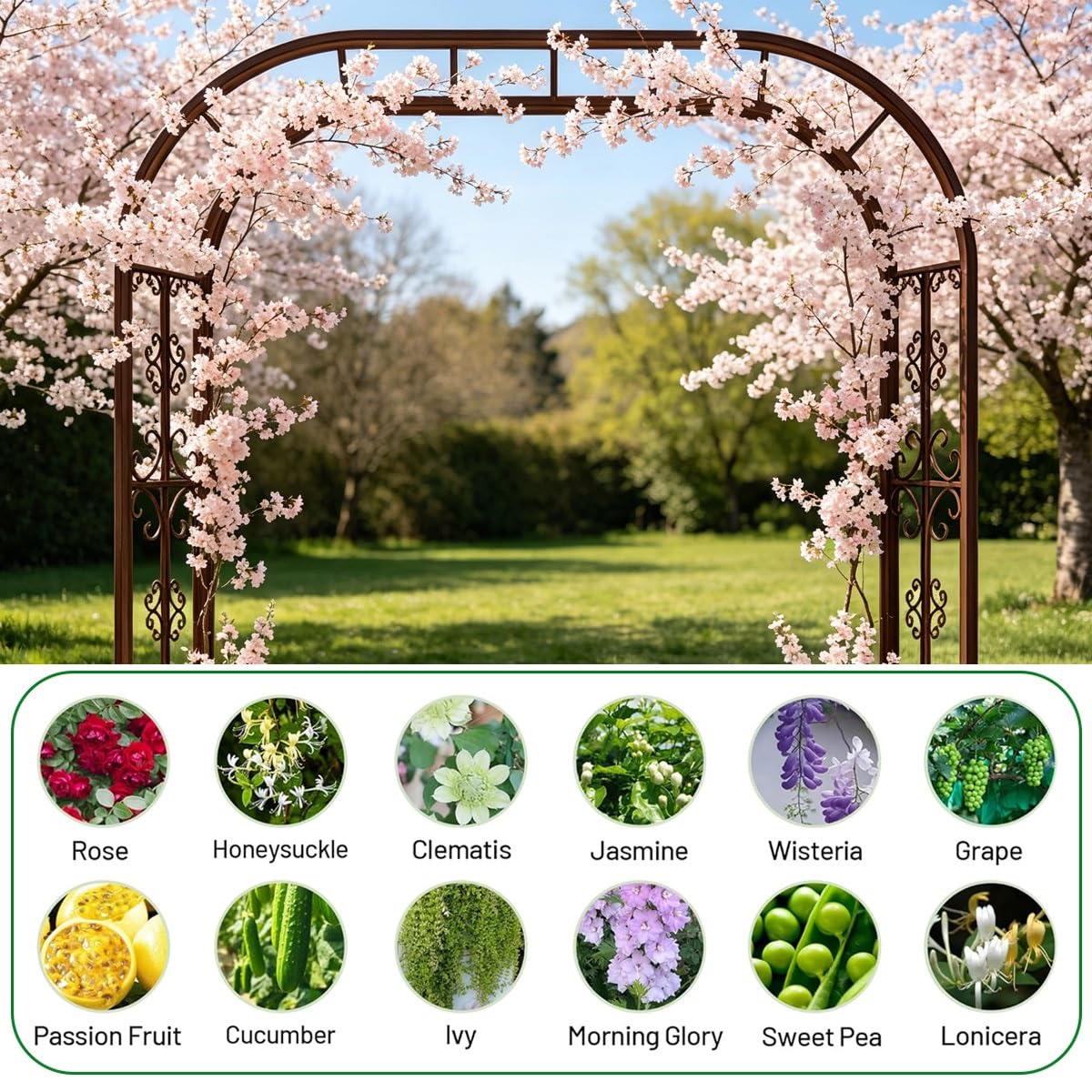 Ozdobny Łuk Ogrodowy Metalowy, Pergola Wbijana W Ziemię Na Róże I Pnącza, Stabilna Podpora Do Roślin Z Ornamentami, 140cm 180cm 220cm 260cm 300cm 340cm(Zielony,300cm X 230cm)