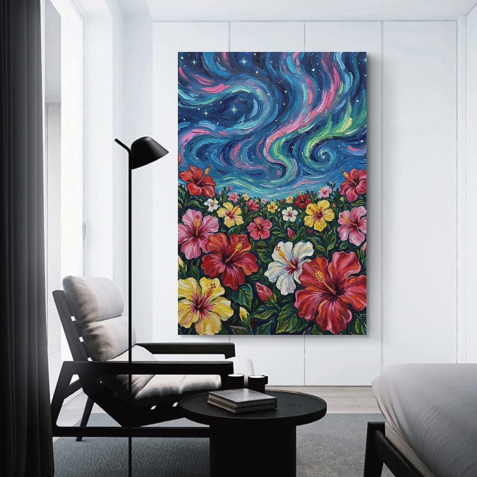 Junmoney Hibiscus Flowers Under Aurora Painting Wall Art Print, 24x36inch(60x90cm), for Entryway, Lounge Links Or Small Walls, Decorative Canvas Styling for Entry Areas