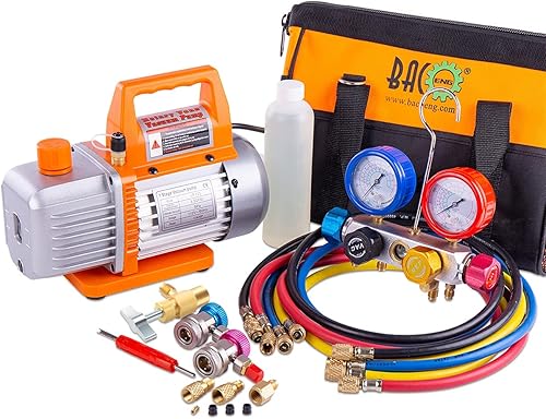 BACOENG Juego de bomba de vacío profesional y manómetro de colector - Kit de refrigeración HVAC AC - Diagnóstico R12 R22 R134a R410A - con estuche