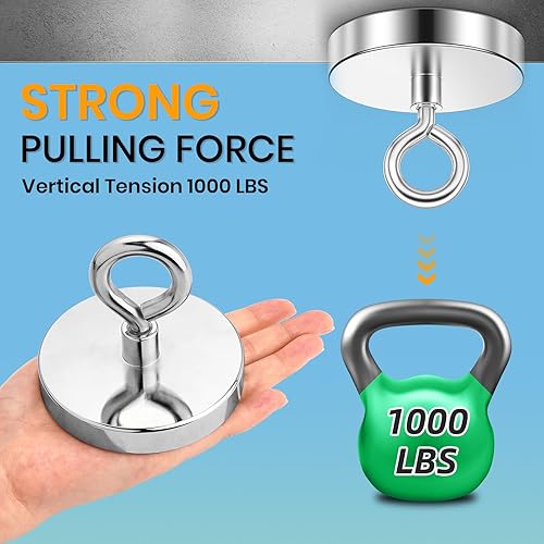 Miniatura 15 de VNDUEEY Imanes de pesca de neodimio, fuerza de tracción de 200 libras, imán de tierras raras con perno de ojo avellanado para recuperar en el lago