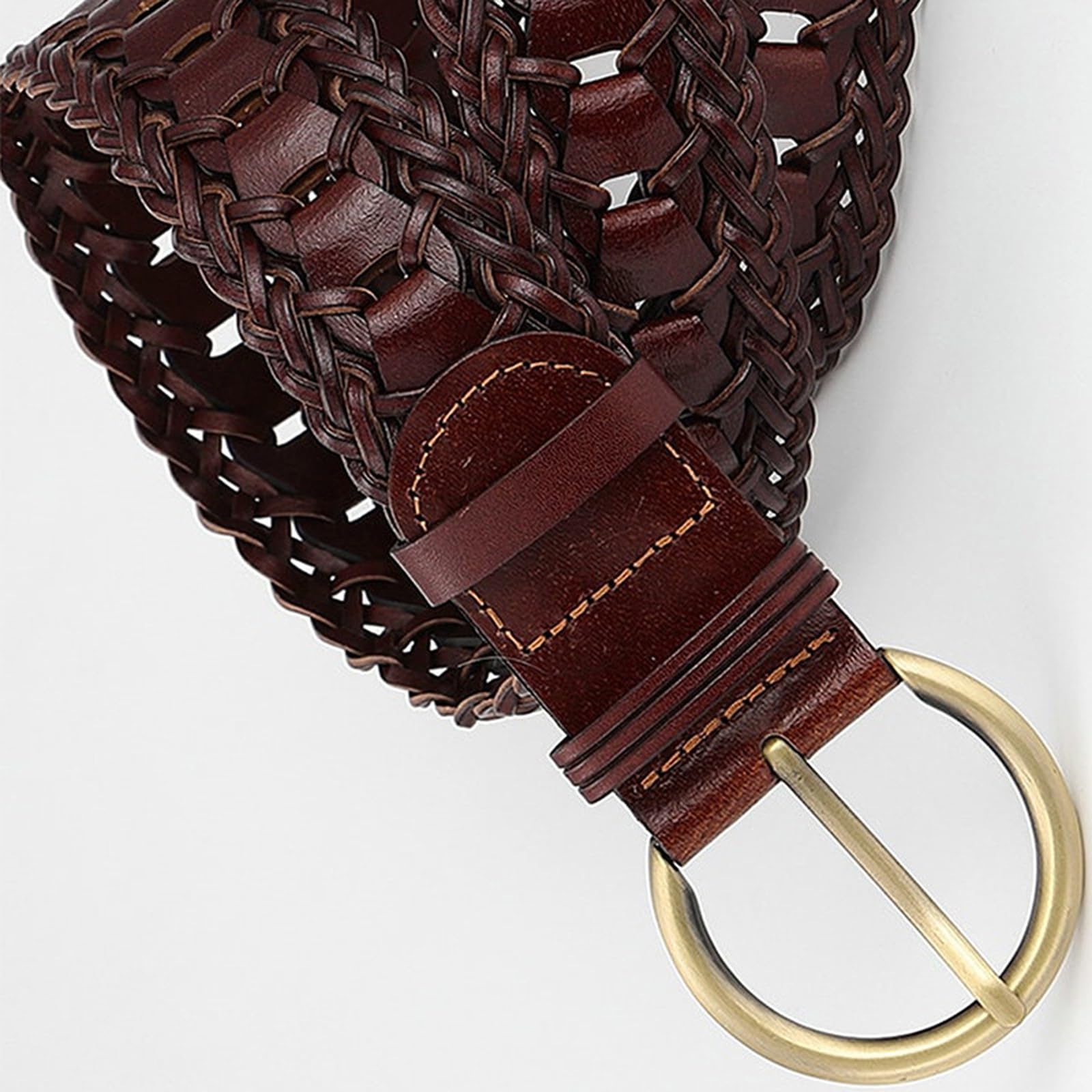 Mujer Cinturón De Piel Trenzada a Mano 3,8cm De Ancho Totalmente Ajustable Cinturones Hueca con Hebilla Redonda Dorada(110cm/43, Red)