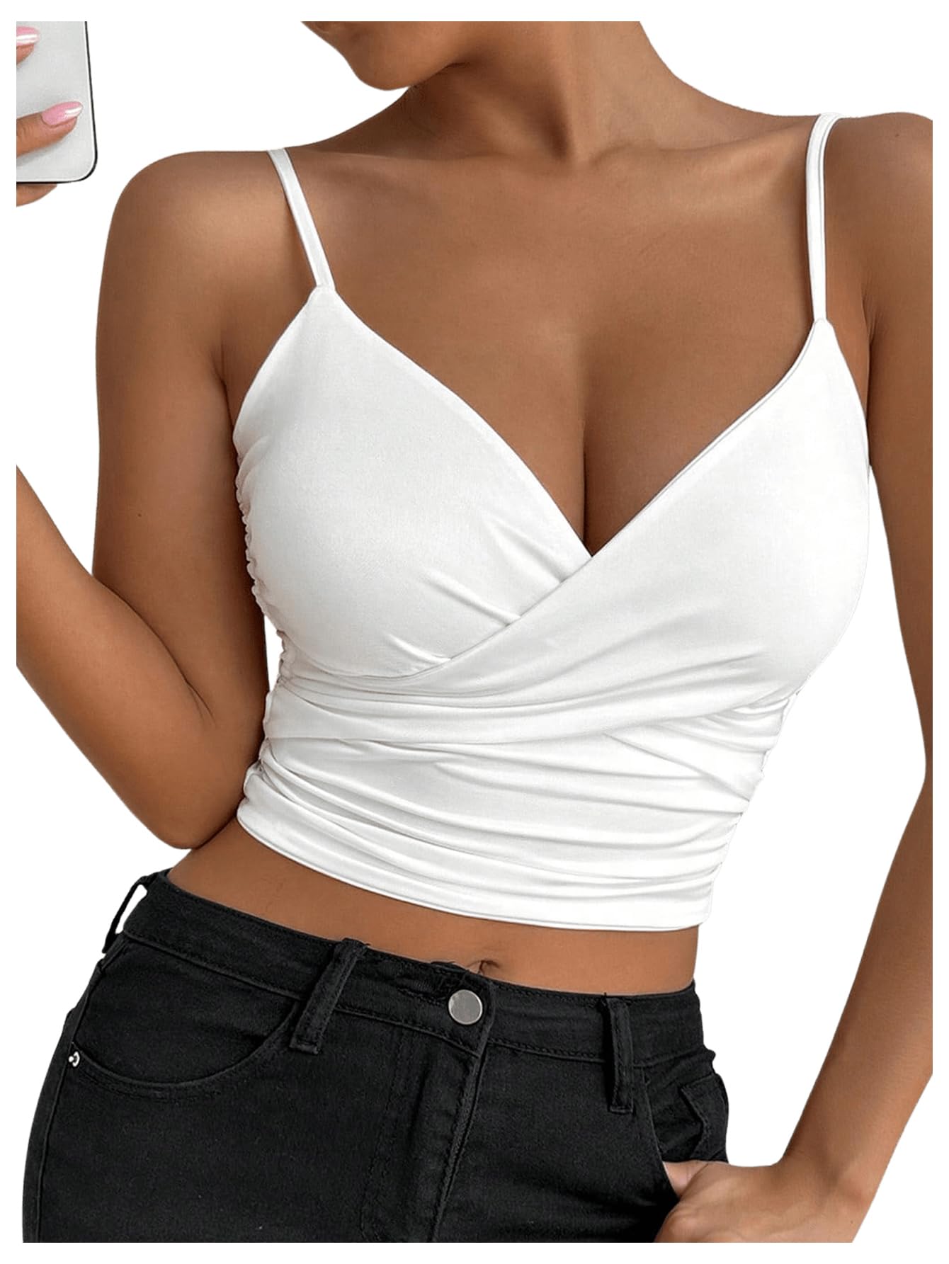 Women's Wrap V Neck Camisole Tops Spaghetti Strap Ruched Dressy Casual Crop Tops