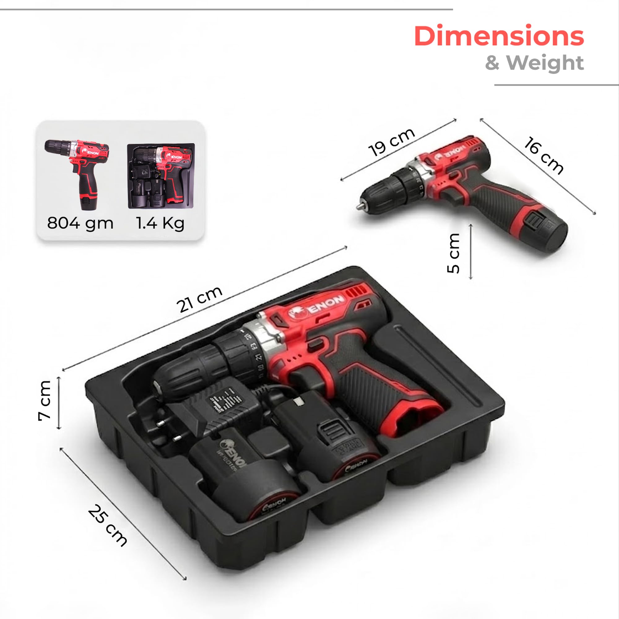 Enon 12V Cordless Drill Machine for Home Use, Compact Cordless Screw Driver, Powerful, 2 Speed, LED, 1500RPM,10mm Chuck, Reversible Switch, Drilling,1500mAh Battery with 2 Batteries (XE-CD1210) 2