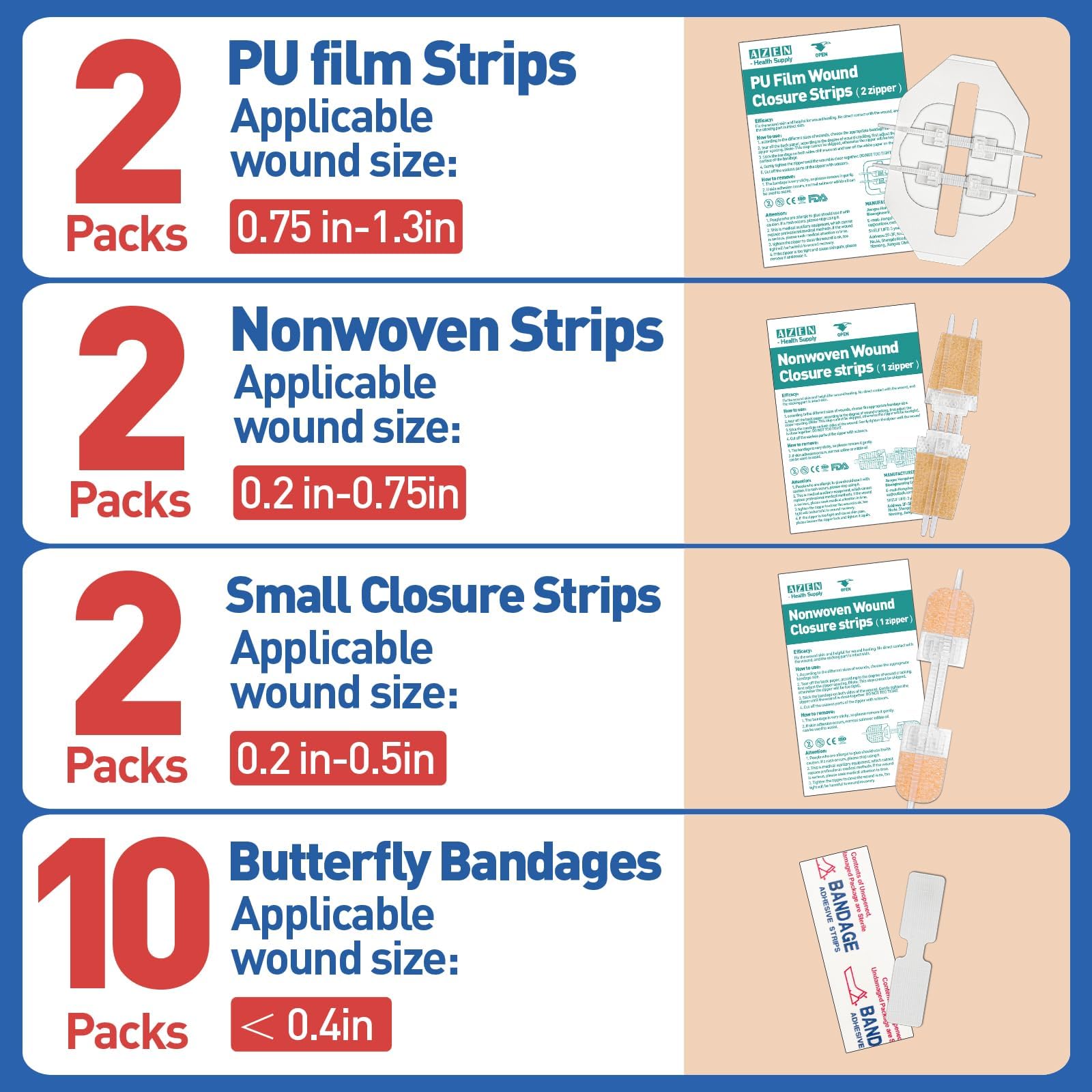 AZEN 16 Pack Emergency Wound Closure Strips, Butterfly Bandages, Emergency Laceration Closure Kit, Repair Wounds Without Stitches, Quick Clot Zip Stitch Wound Closures Device — Amazon image 2