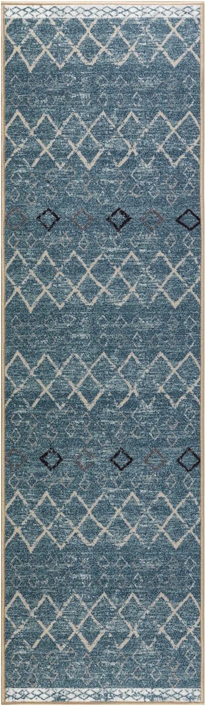 Antep Rugs Alfombras Non-Skid (Non-Slip) 2x10 Rubber Back Bohemian Distressed Moroccan Boho Low Pile Profile Indoor Runner Rug (Blue, 2' x 10')