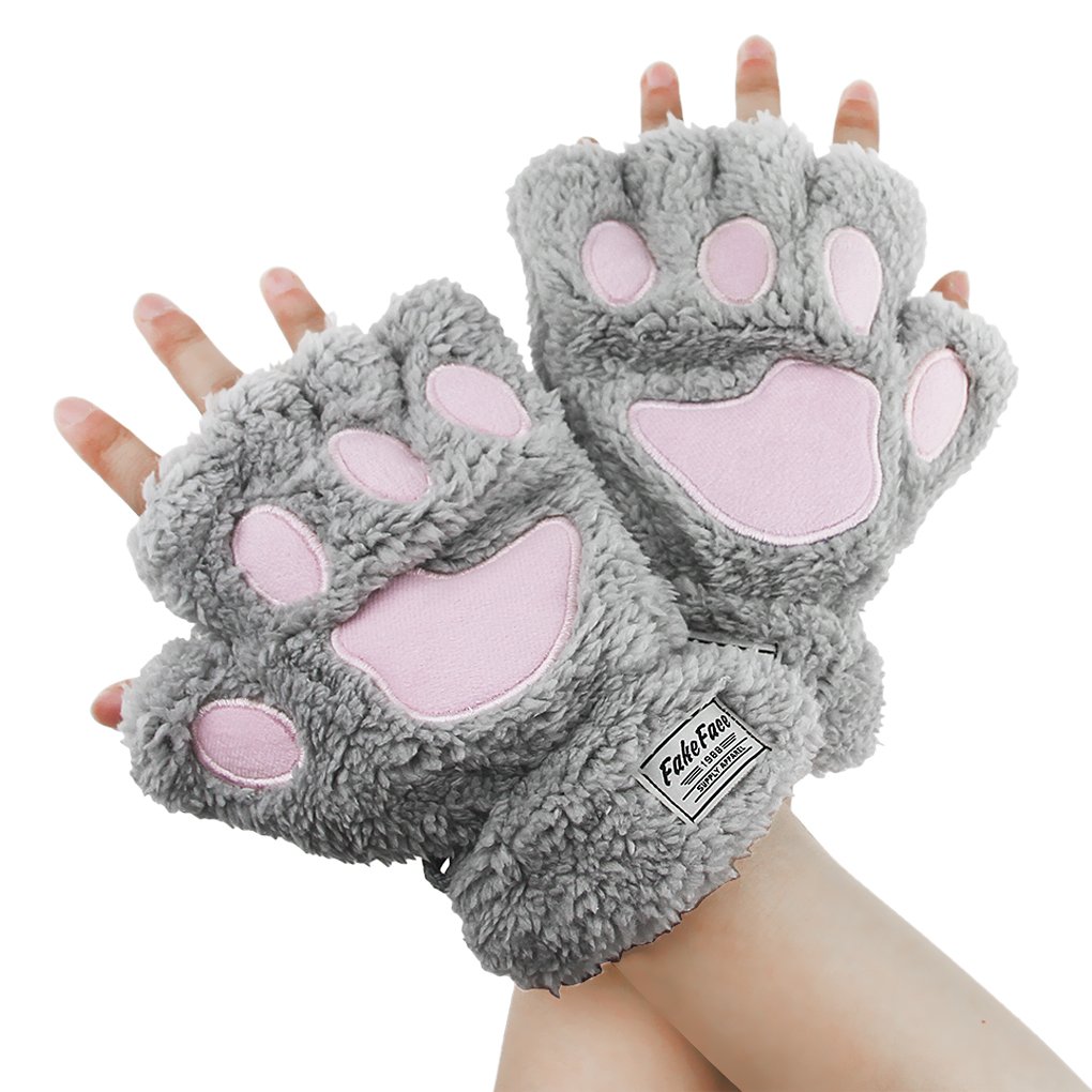 IPENNY Womens Girls Cat Paw Claw Gloves Winter Warm Plush Faux Fur Fingerless Mittens