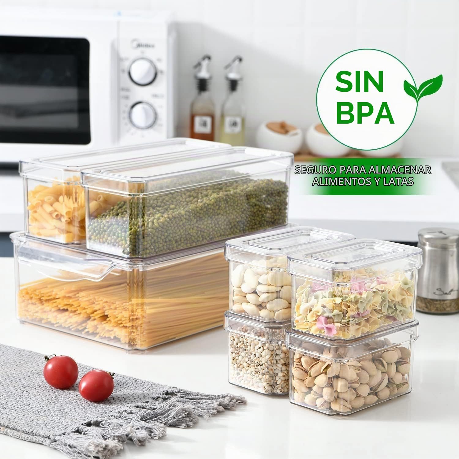 KUMD paquete de 10 Organizador Nevera, contenedores apilables con tapa, transparentes y sin BPA para guardar frutas, verduras, alimentos y bebidas.