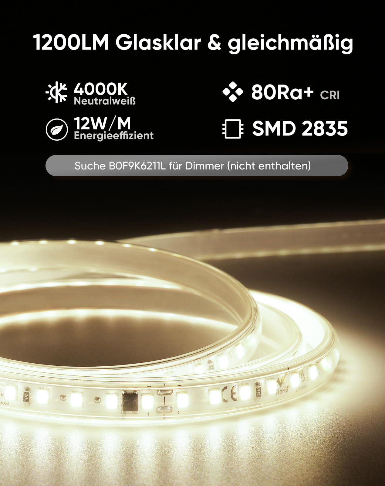 230V LED Streifen Aussen, SMD 2835 IP65 Wasserdicht, Bande LED Durchsichtig 1200LM Ohne Trafo Flexible Kürzbar für Zimmer und Außen Dekoration Beleuchtung, 4000K Neutralweiß, 10m