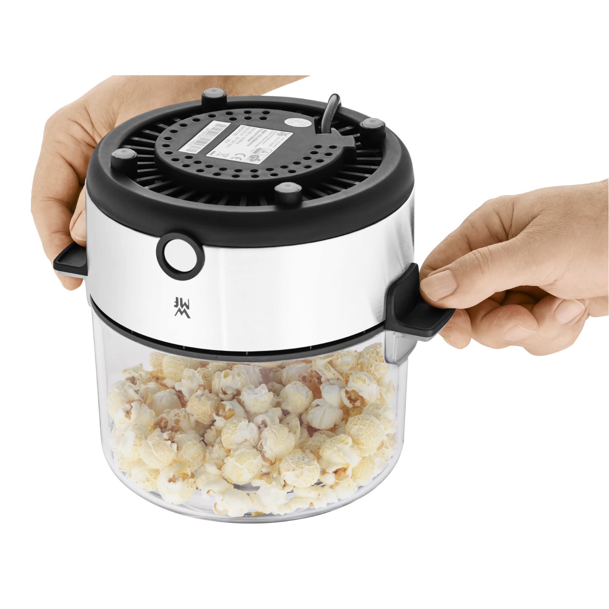 WMF KITCHENminis - Macchina per popcorn, piastra riscaldante rivestita, coperchio per servire, apertura per sciogliere il burro, preparazione con zucchero e sale, salvaspazio, in acciaio inox opaco