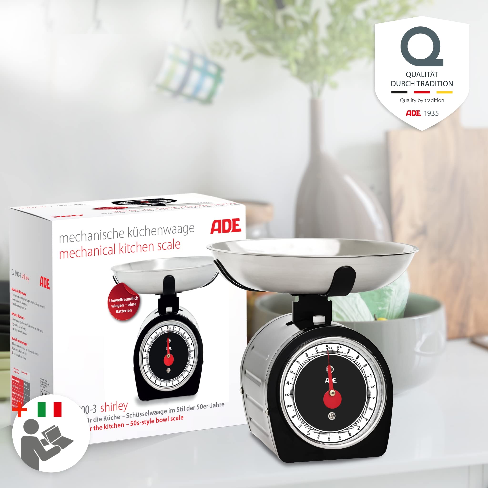 ADE Bilancia da cucina meccanica, bilancia classica per la cucina e la casa, bilancia tradizionale senza batterie in look vintage/retrò, alloggiamento in metallo, 5 kg, nero | KM1900-1 Shirley