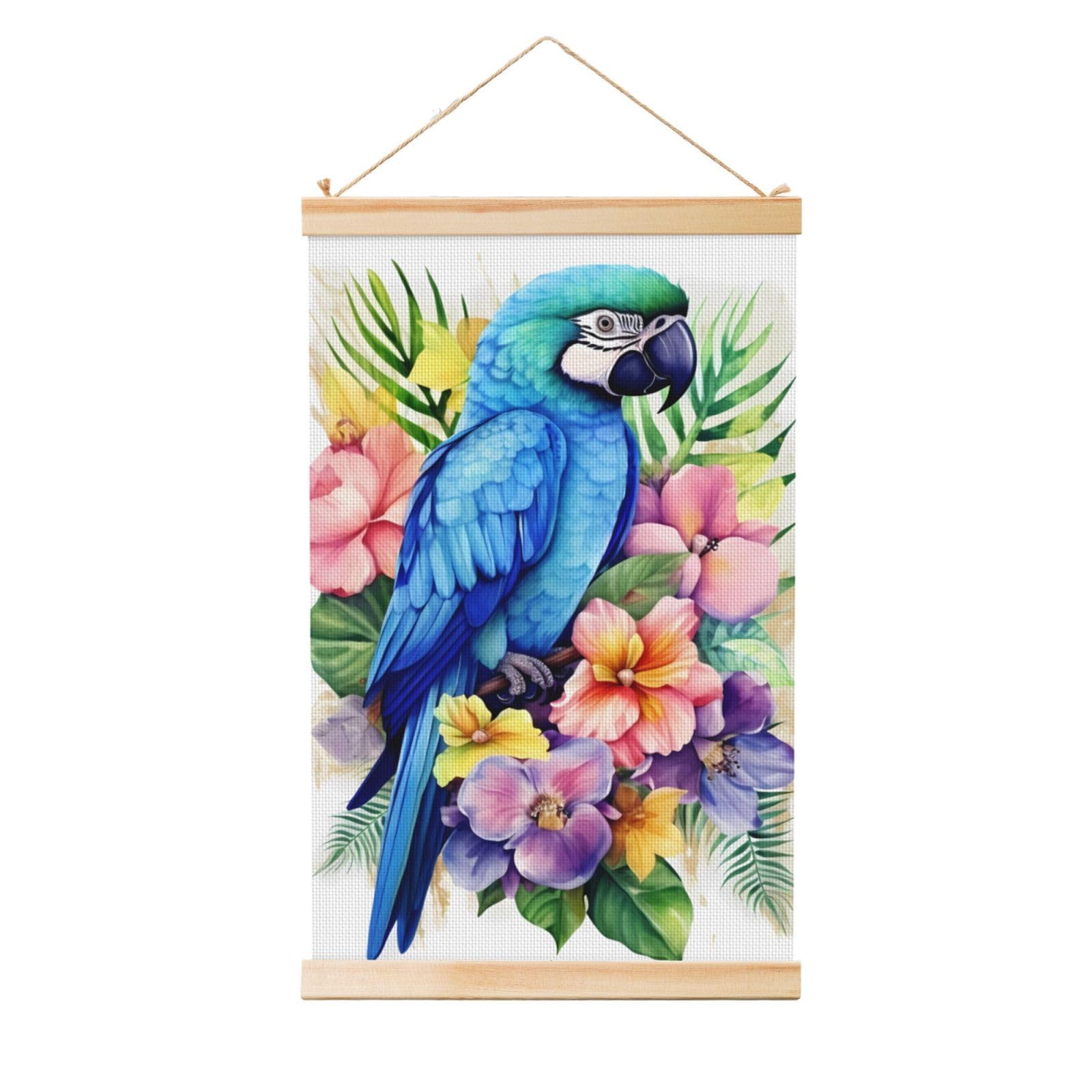 Blue Parrot in Flowers Posters Wooden Shaft Hanging Poster Canvas Prints Scroll Wall Art Painting Vintage Wall Banner Modern Artwork Decor for Home Decor Ready to Hang 20"x30"