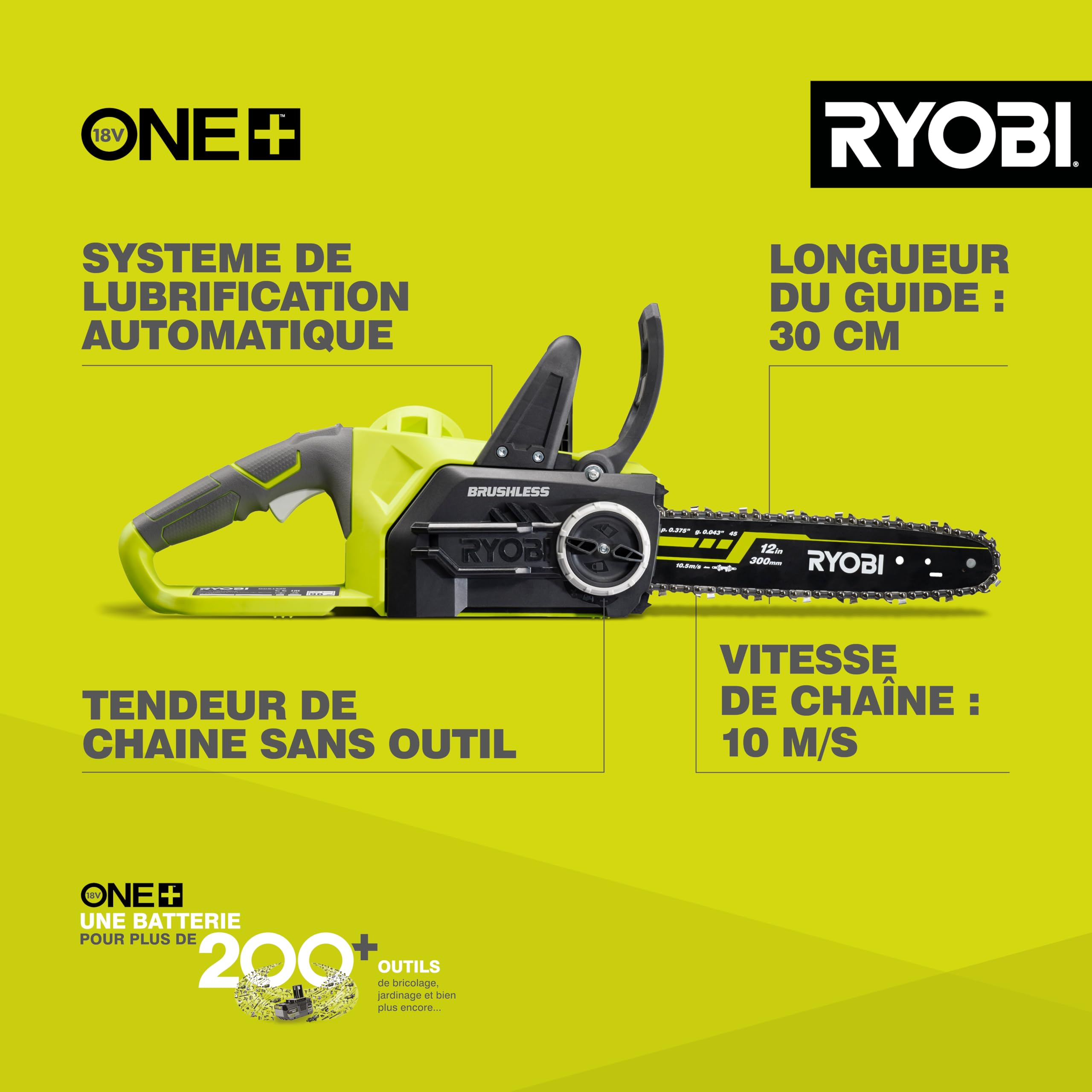 RYOBI - Tronçonneuse Sans Fil 18V ONE+ OCS1830 – Guide 30cm, Lubrification Automatique, Frein de Chaîne, Compacte - Taille Bois, Bûches et Branches – Batterie Non Incluse