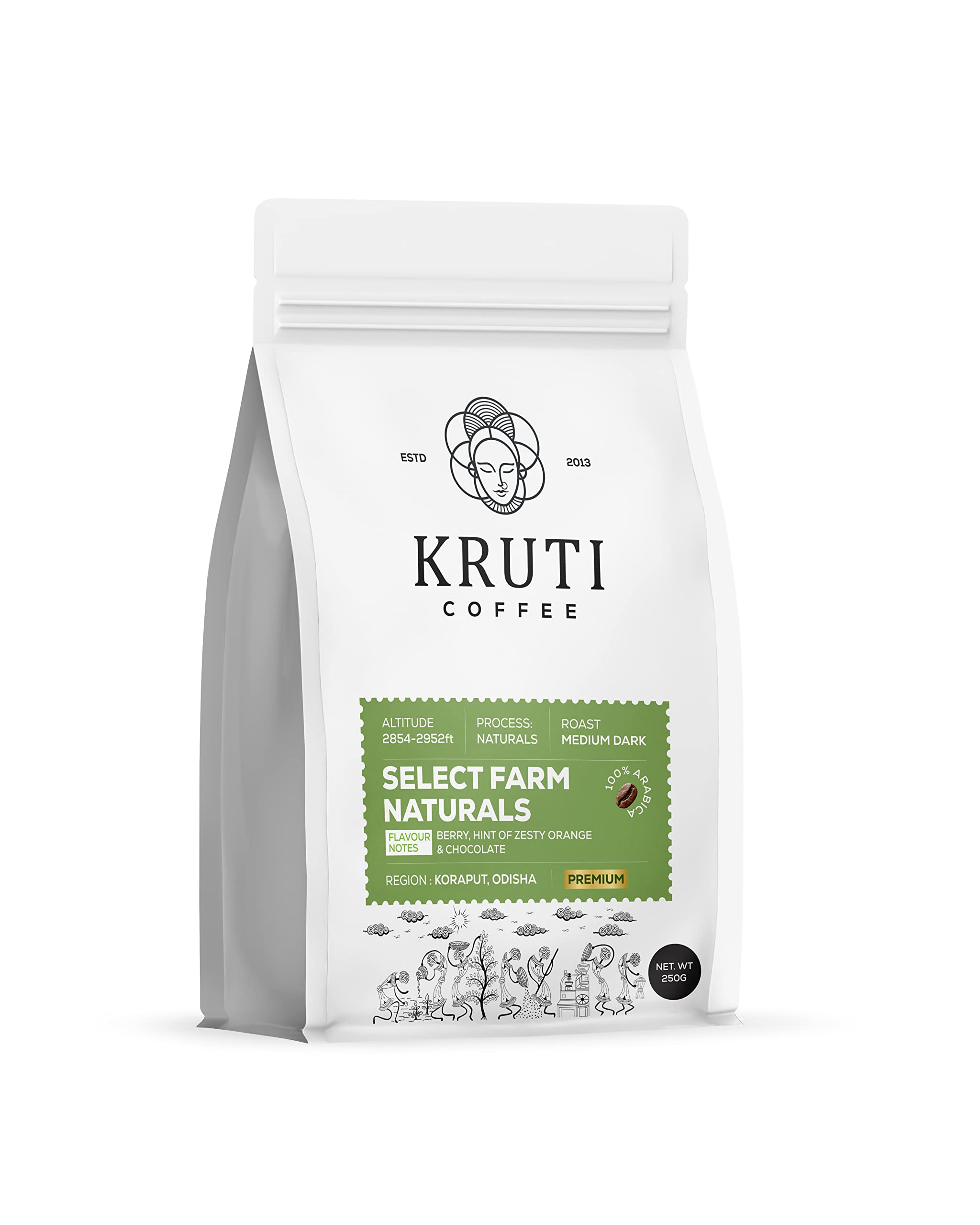 Kruti Coffee - Premium Arabica Coffee 250 Gram | Pour Over Coffee | Medium Dark Roast | Speciality Coffee Beans Freshly Roasted & Ground | Select Farm Naturals - Koraput Coffee