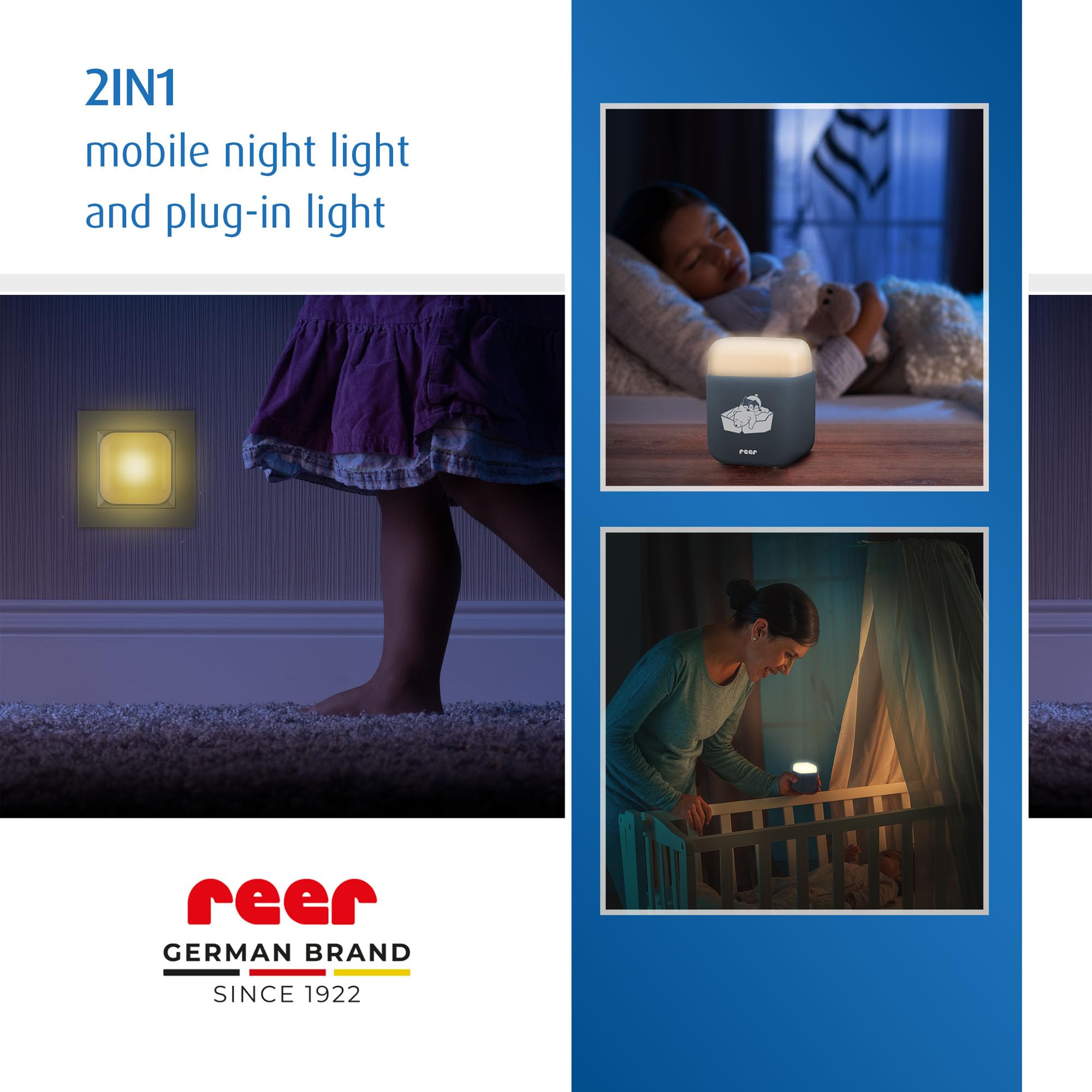 reer SleepLight 2 w 1 | lampka nocna do gniazdka elektrycznego i z zasilaniem akumulatorowym | tryb On-Off i czujnik | nastrojowe światło dla dzieci | niebiesko-szara