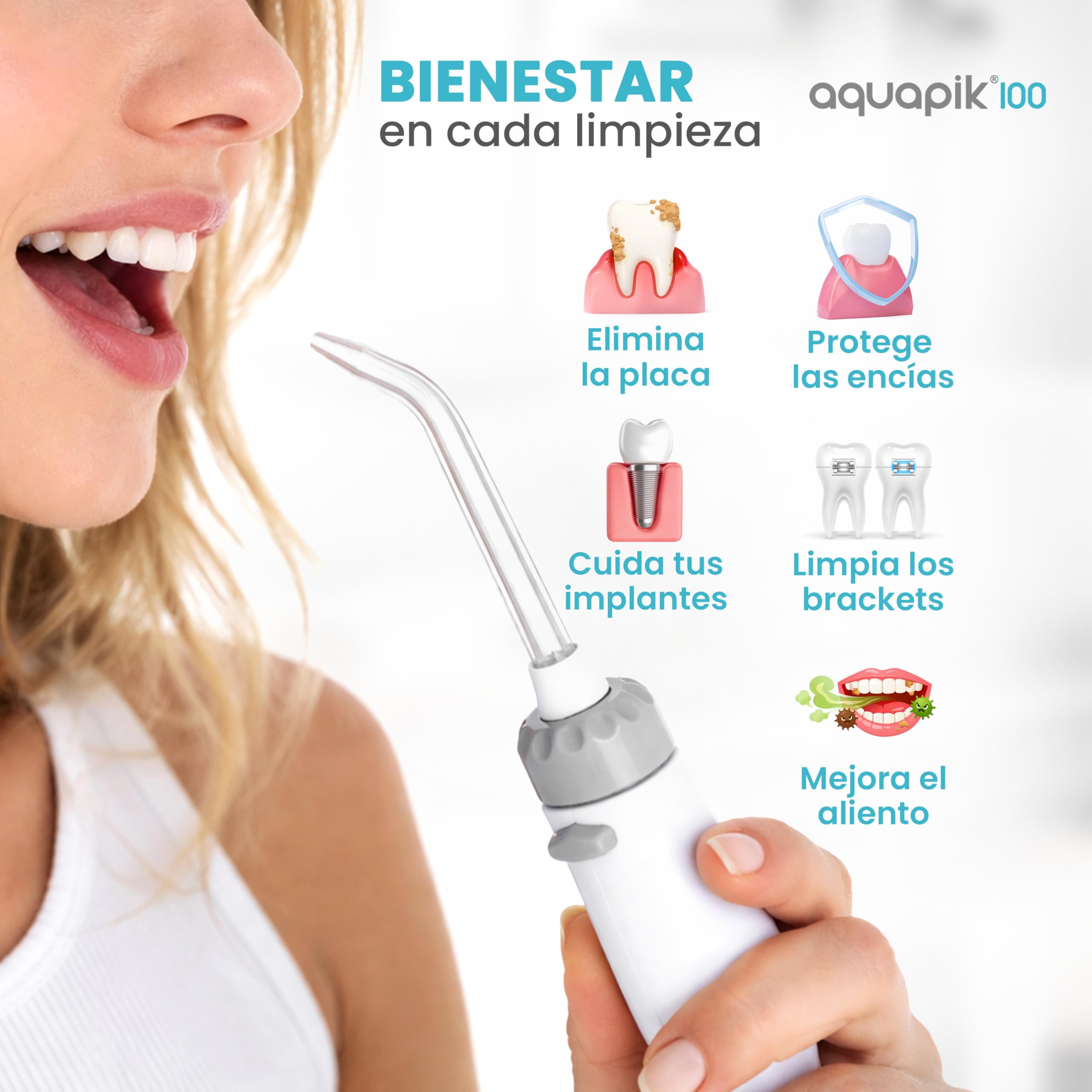 Irrigador dental Aquapik100® profesional waterflosser limpieza profunda 10 niveles de presión 8 boquillas depósito 600ml para encías sensibles ortodoncia puentes implantes elimina placa dental Blanco