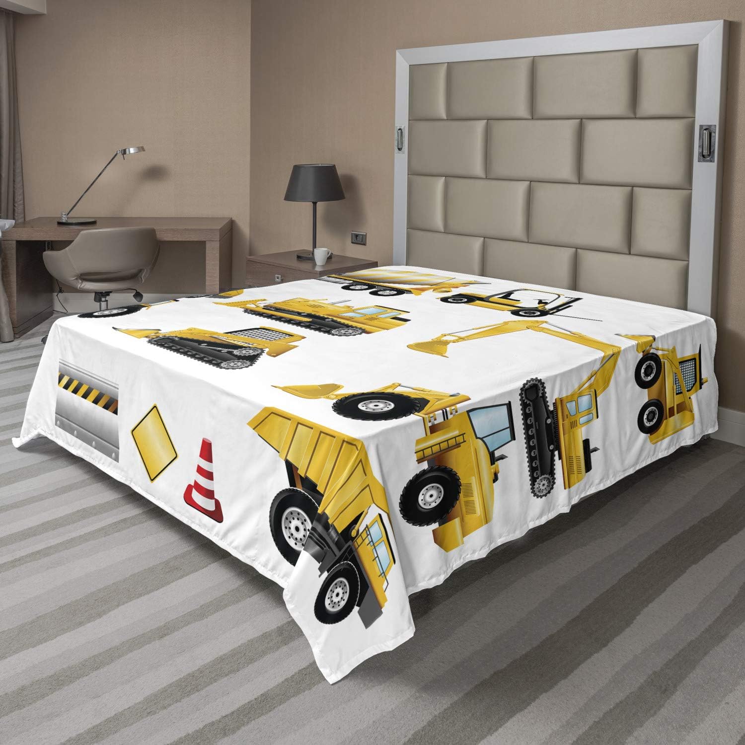 Ambesonne Cartoon Flat Sheet, Yellow Color Construction Site Machinery and Signs Illustration, Soft Comfortable Top Sheet Decorative Bedding 1 Piece, Full Size, Earth Yellow Black Red