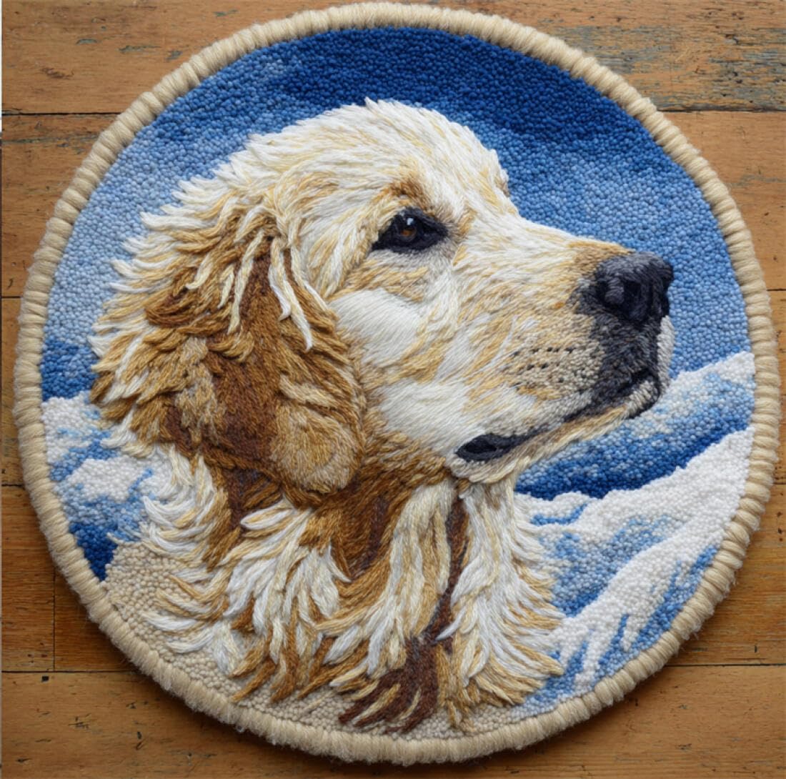 Rqwybcaxn DIY Rug Latch Hook Kits for Beginners Animal Cross Stitch Kit Golden Retriever Portrait 60x60cm Round Tapestry with Crochet Hook Bedroom Craft Gift