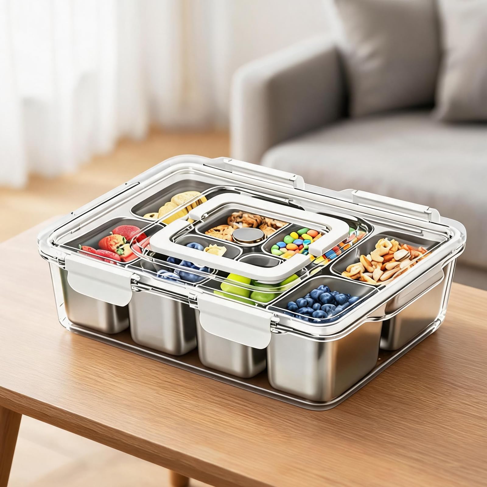 Générique Plateau à collation réutilisable en Acier Inoxydable 304 avec 8 Sections, récipient divisé allant Lave-Vaisselle pour Fruits et légumes, récipient à collation hermétique