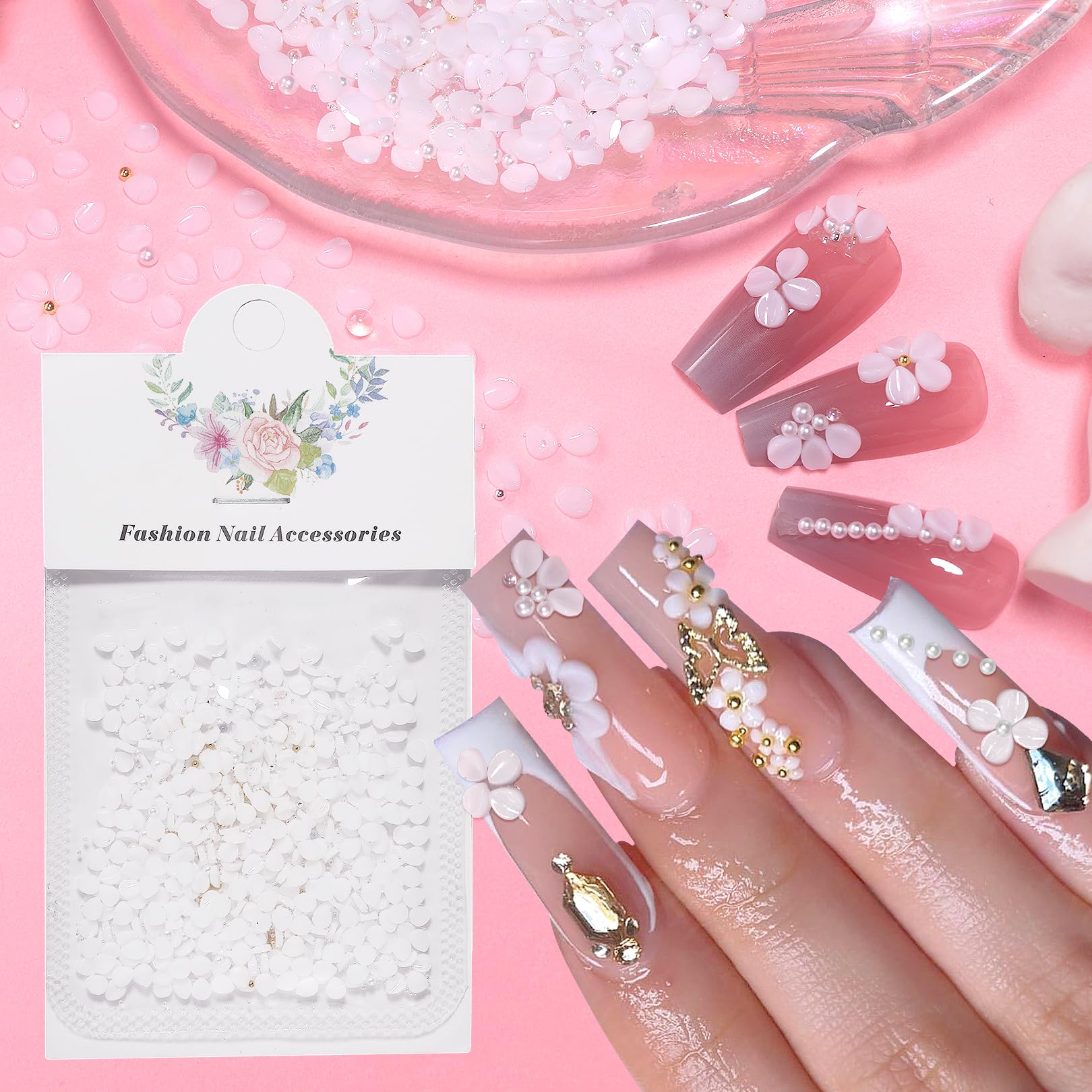 800 fiori bianchi 3D per unghie, fiori acrilici 3D per unghie, perline per unghie, gemme per unghie e strass floreali, strass, petali, cristalli acrilici, ciondoli per unghie