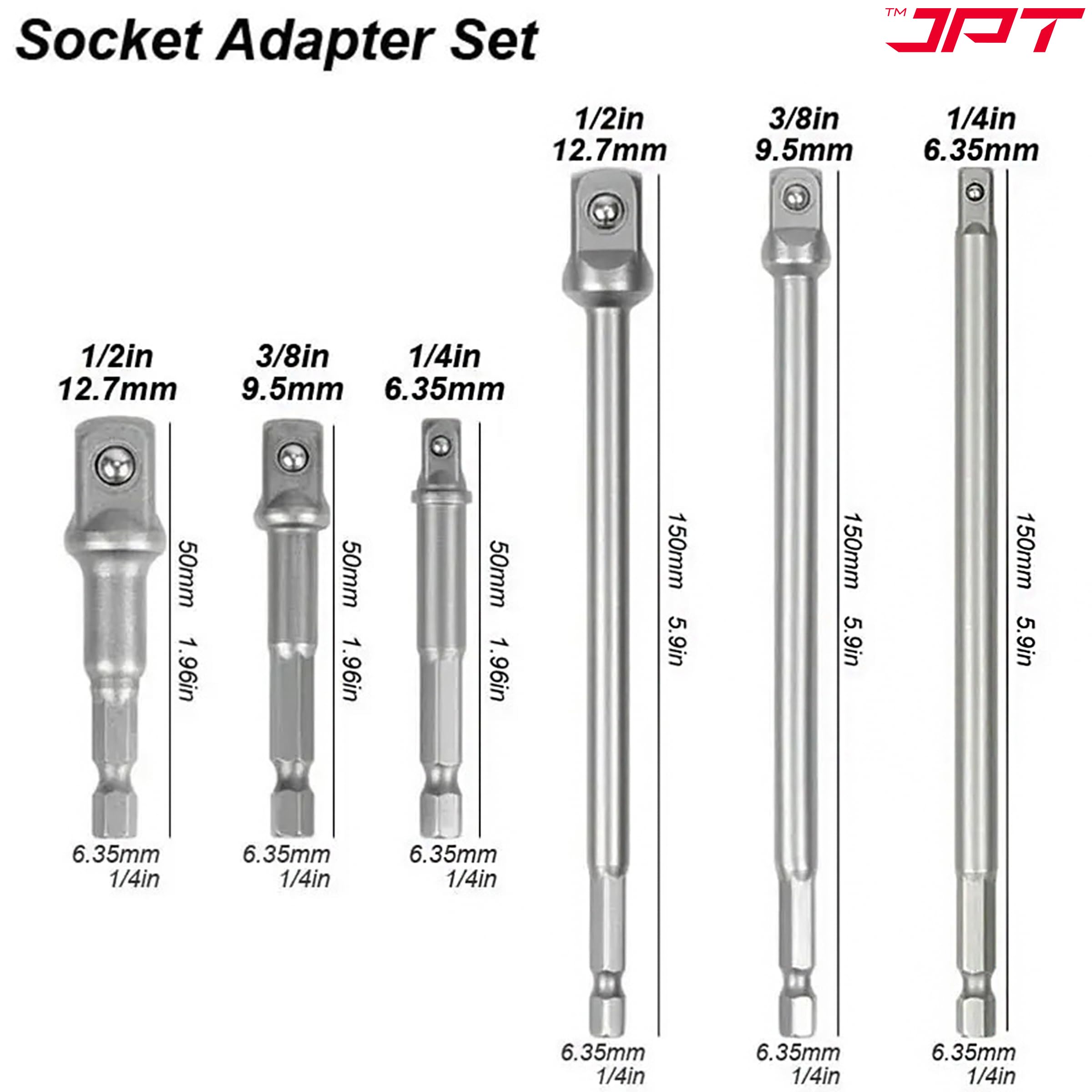 JPT Impact Socket Adapter & Drill Bit Holder Set, 6PCS – 1/4", 3/8", 1/2" Hex Shank, 65-150MM Extension Set for Impact Drivers & Power Drills – Quick-Change, Heavy-Duty Tool Accessories - Image 2 thumbnail