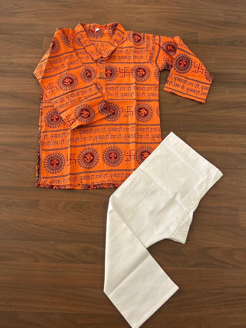NiAK Boys Om Print Cotton Kurta Pyjama Set, Traditional Festival Ethnic Wear, Full Sleeve (Orange, 2-3 Years) 1