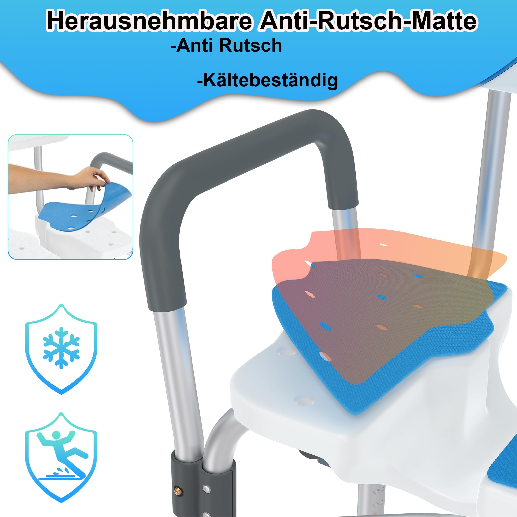 Aufun Sgabello da doccia con apertura igienica, sedia da bagno con schienale e braccioli, regolabile fino a 180 kg, con piedini antiscivolo, sedile regolabile in altezza