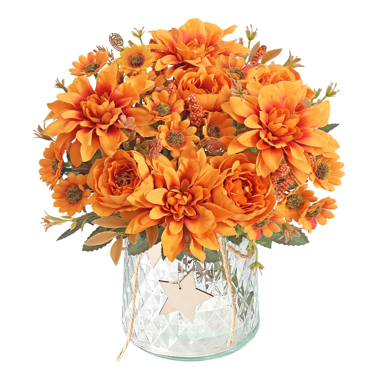 DEMIUKO 2 ‌Bunch‌es Artificial Flowers Orange Fake Roses Flowers Bouquet Dahlia Daisy Faux Flowers Arrangement Indoor Outdoor Floral Plants for Wedding Party Table Centerpieces Spring Home Vase Decor