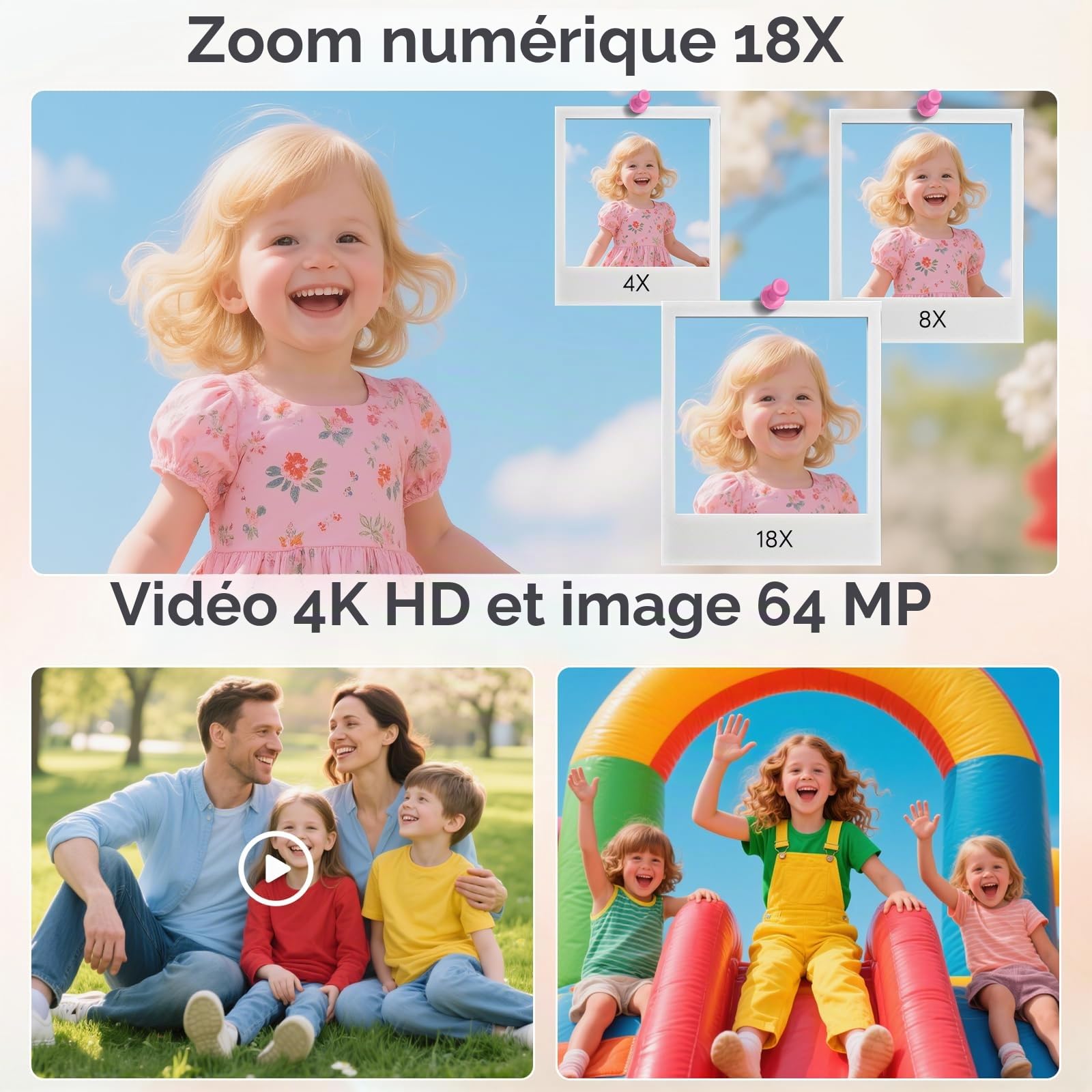 Appareil Photo Numérique 4K 64MP - Caméra Portable avec Zoom Numérique 18X, Écran LCD 2,8", Carte SD 32GB Incluse, Stabilisateur d'image - Idéal Enfants, Adolescents et Débutants (Noir-2)