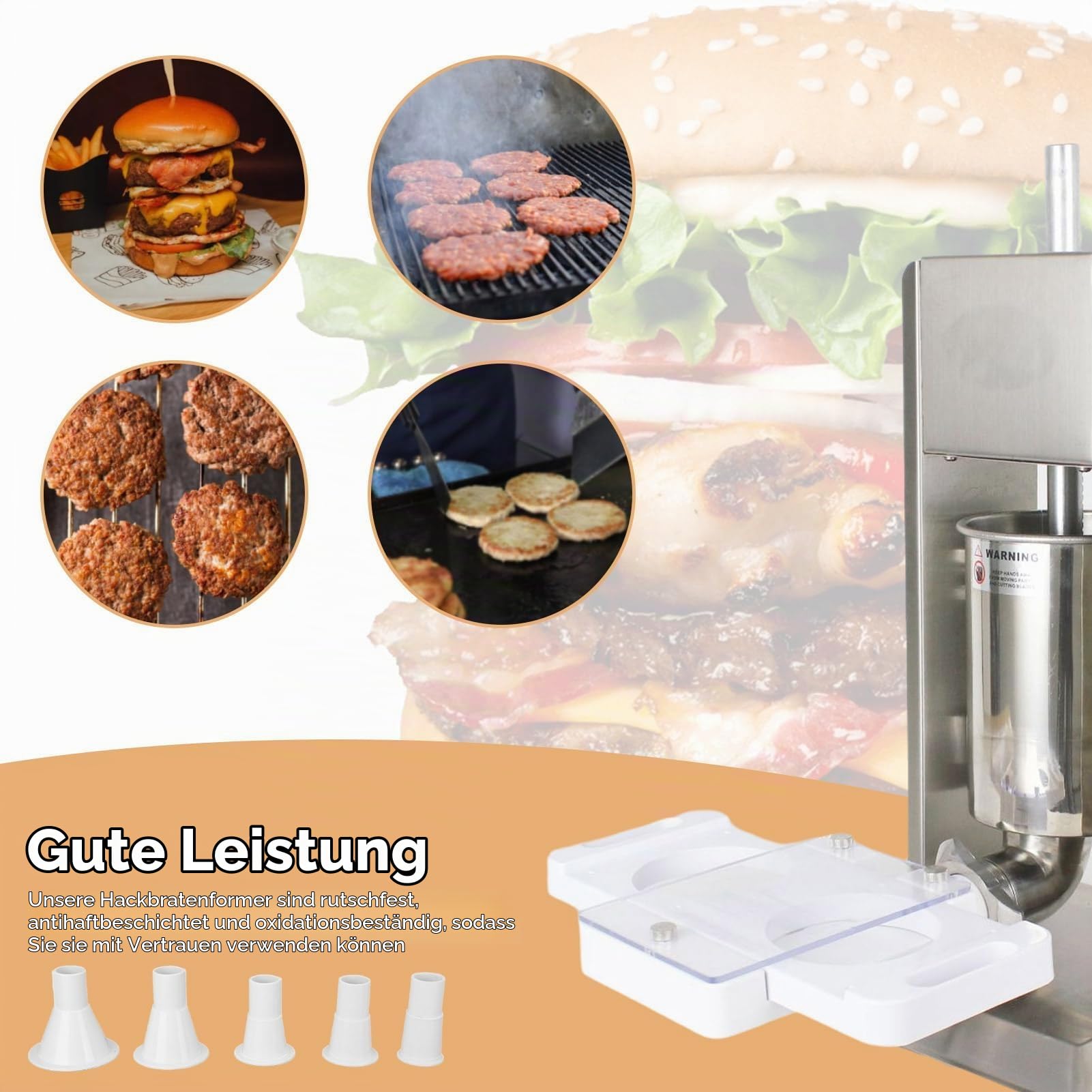 Hamburger-Pressmaschine, automatischer Hamburger-Patty-Maker mit 5 Adapterrohren, hausgemachte Burger-Maker-Presse für Wurstfüllfleisch
