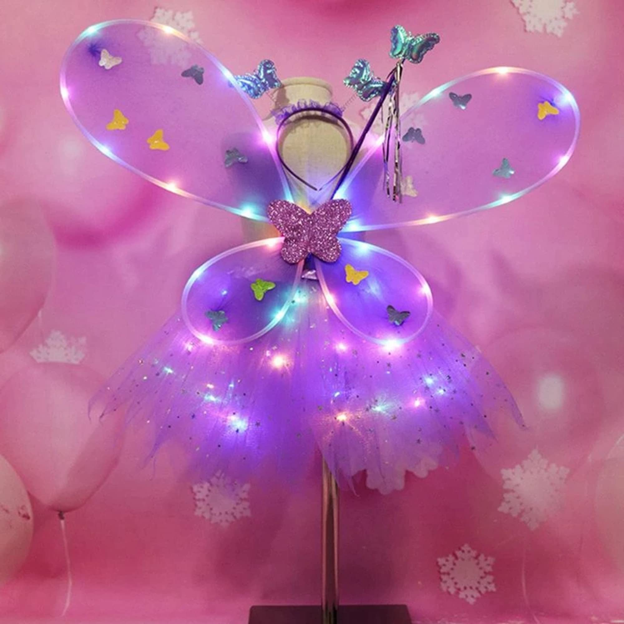 ELECDON Light Up Fairy Costume Set, 4Pcs Includes LED Tutu Skirt, Butterfly Fairy Wings Butterfly Wand, Headband, Angel Wings Butterfly Wings Costume, for Halloween Costume Birthday Party Decoration