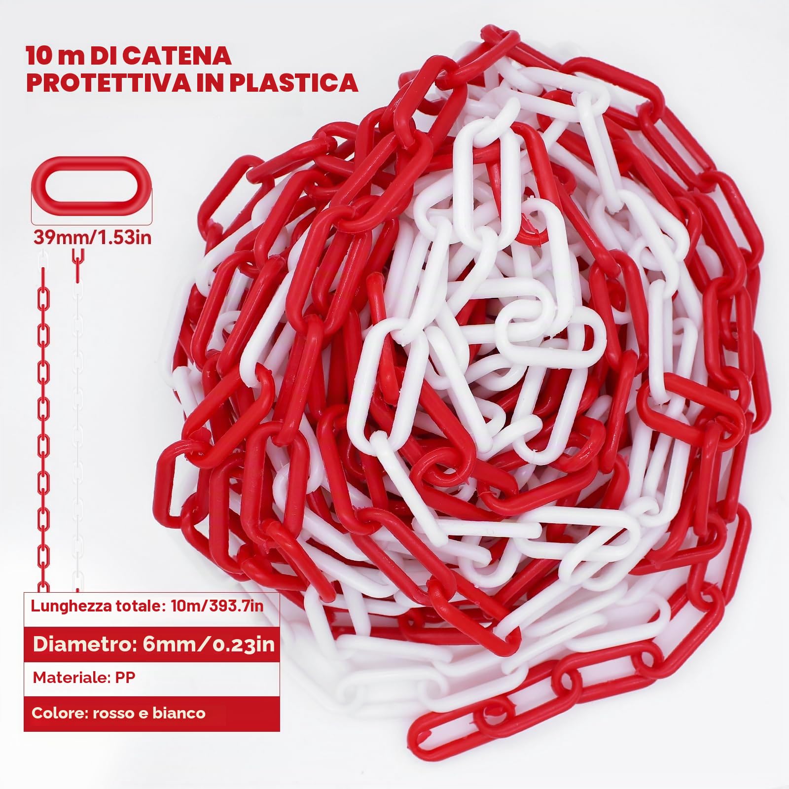 10 m Catena Plastica Rosso e Bianco, Spessore 6 mm, per Bloccare Superfici, Ben Visibile, Stabile e Maneggevole