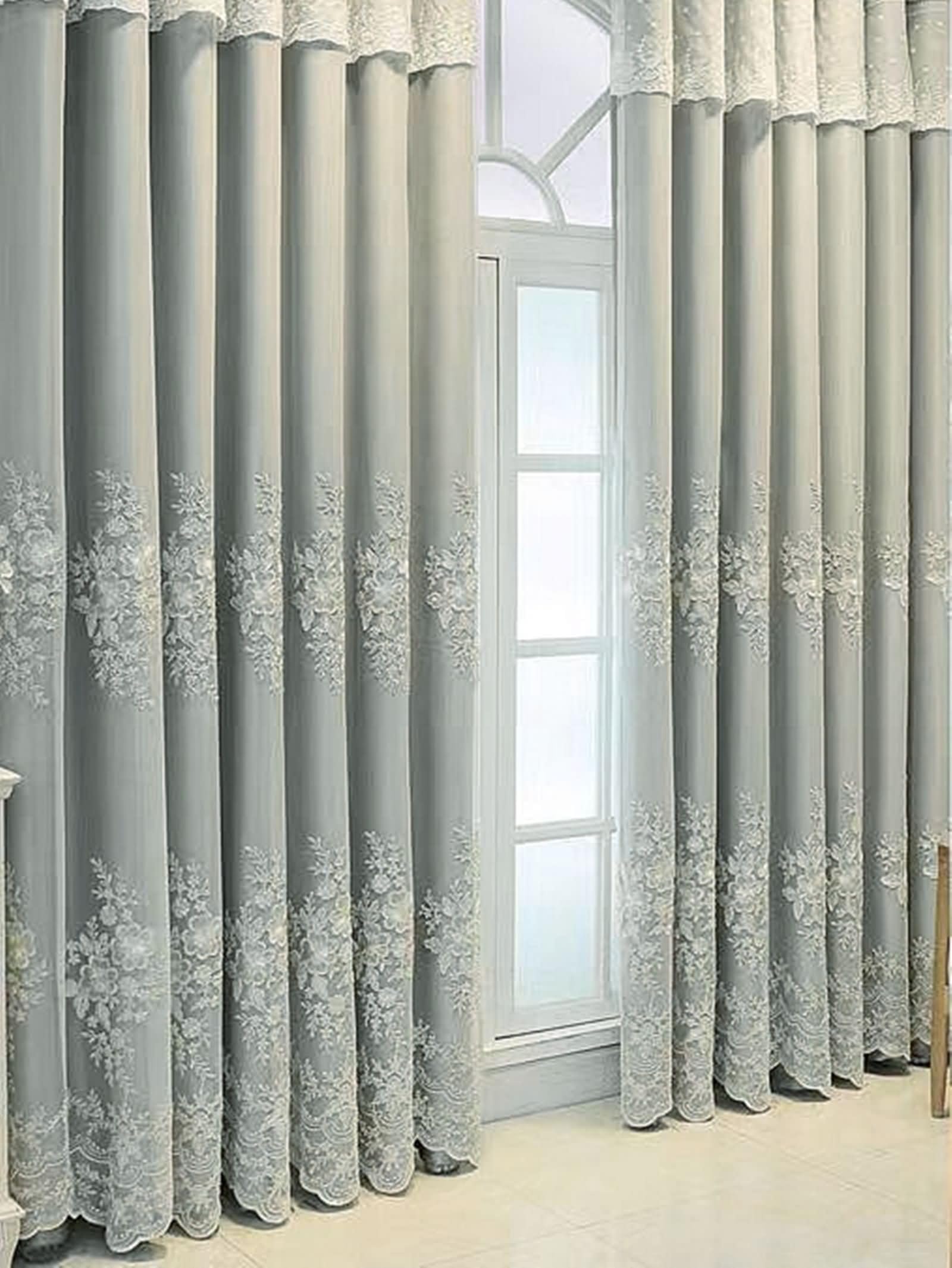 Rideaux occultants thermiques gris double couche dentelle motif floral