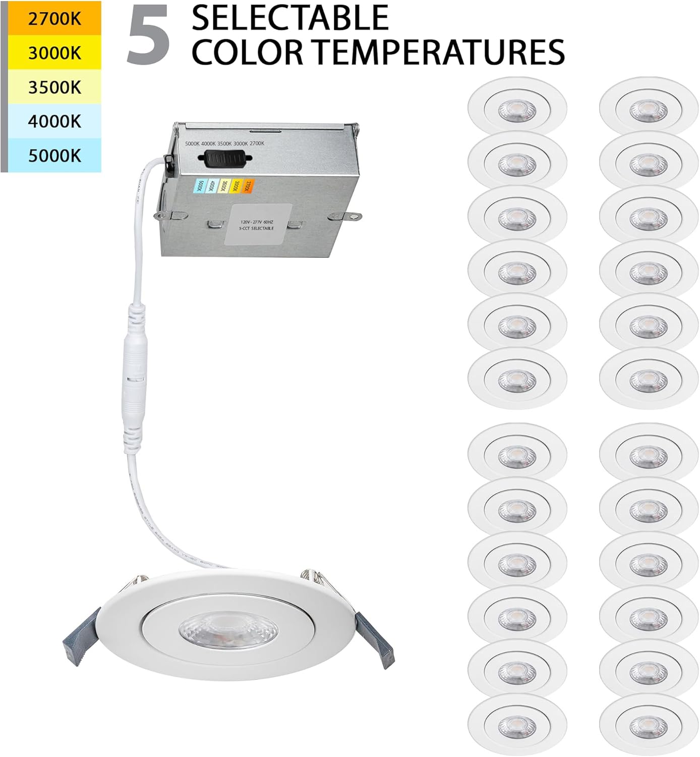 WAC Lighting Lotos 4in LED Round Adjustable Recessed Light 5-CCT Selectable 9W 700 Lumens IC-Rated Airtight 120V-277V Universal in White (Pack of 24)