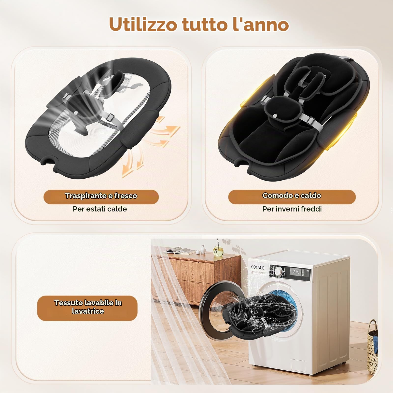 Sdraietta Neonati Elettrica, Dondolo Automatico con Schienale 3 Posizioni | 5 velocità, 12 melodie rilassanti, timer 8/15/30 min, telecomando, cuscino rimovibile, 3 alimentazioni