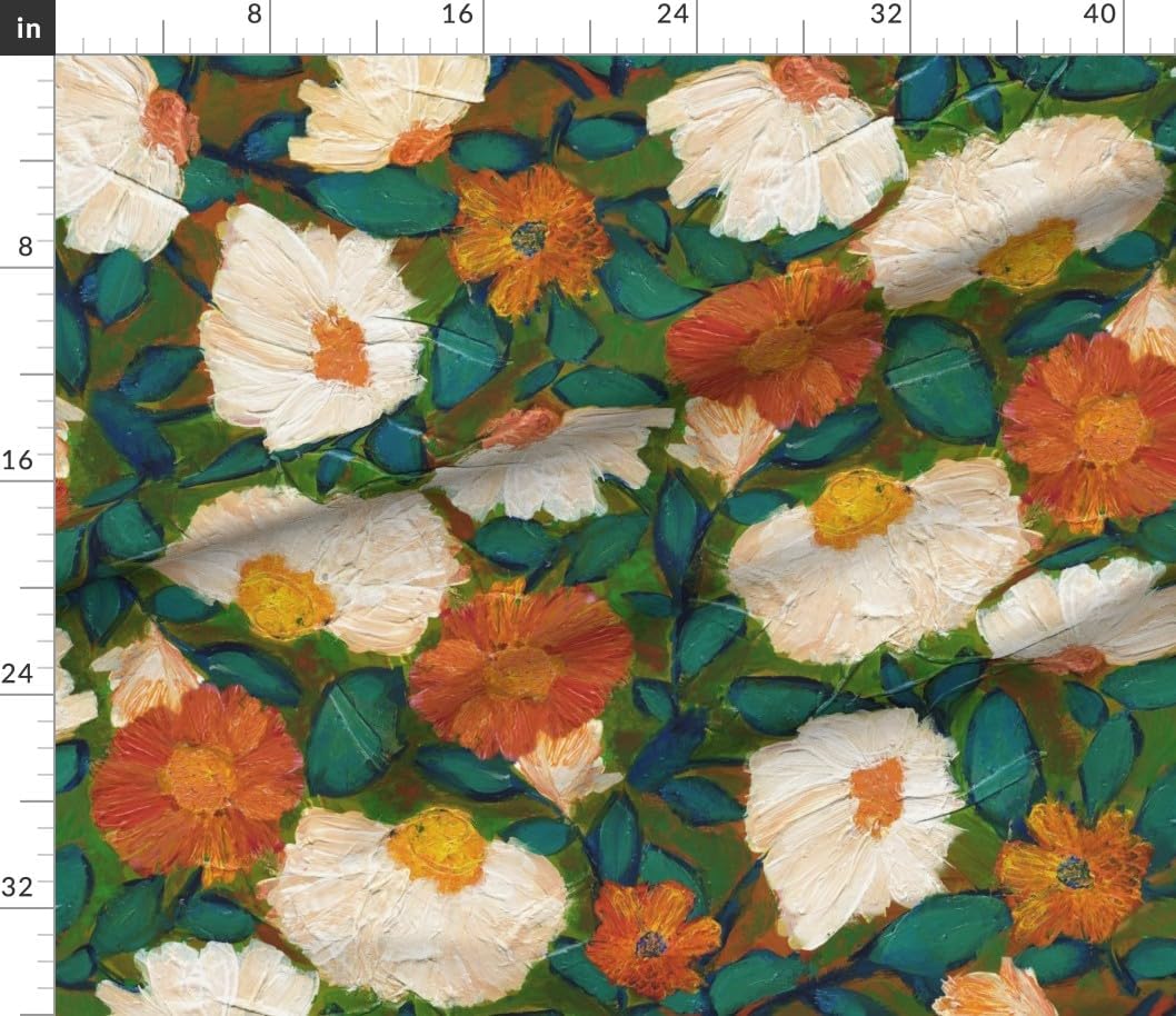 Spoonflower Fabric - Bloom Rust Orange Red Yellow Teal Blue Green White Cream Bohemian Boho Printed on Petal Signature Cotton Fabric by The Yard - Sewing Quilting Apparel Crafts Decor