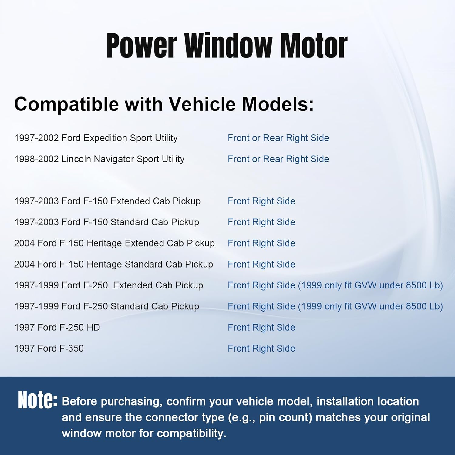 Front or Rear Right Passenger Side Power Window Lift Motor Compatible with 1997-2004 Ford F-150, 97-02 Expedition Lincoln Navigator, F-250 F-350 1997 1998 1999 2000 2001 2002 2003 2004, 742-273