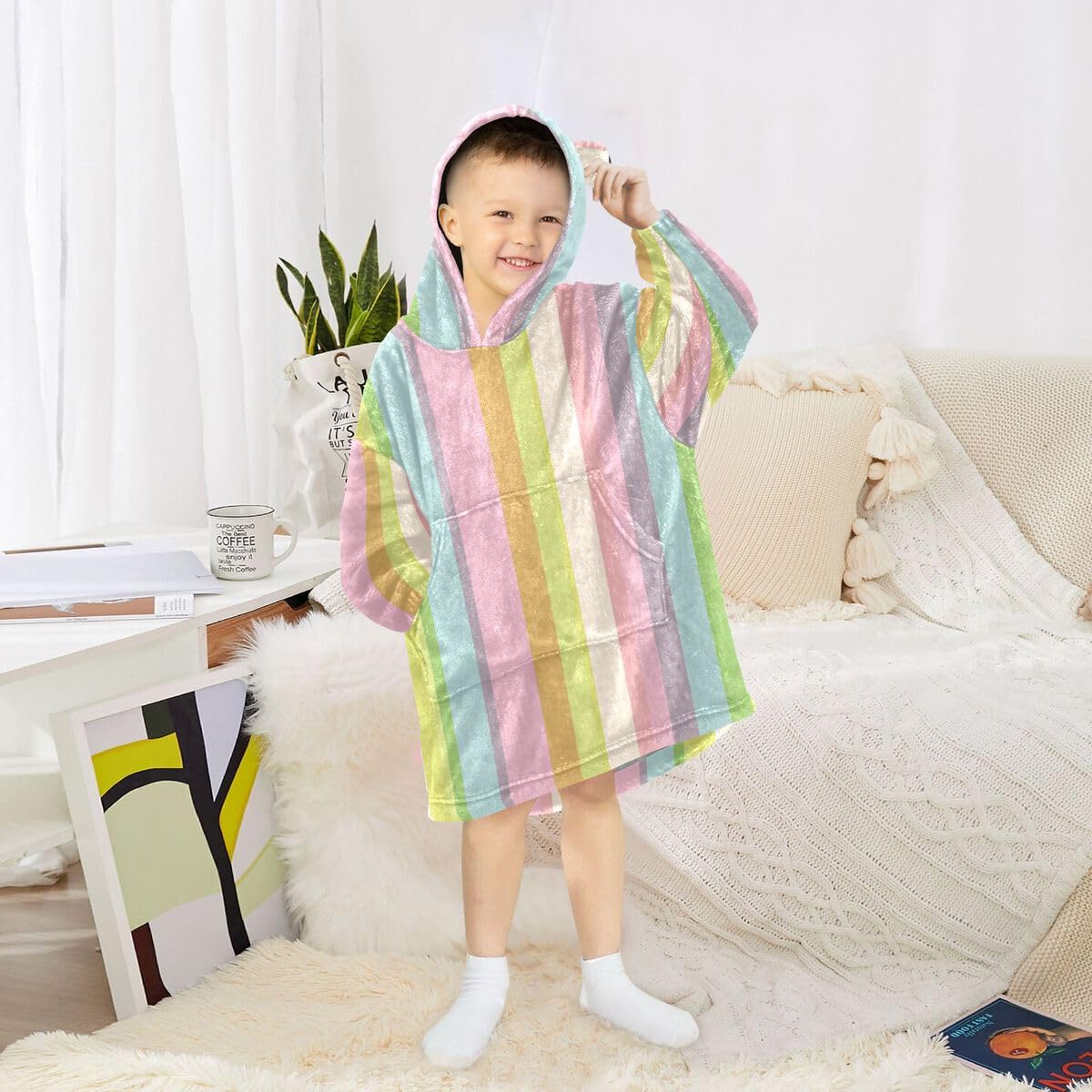 Rowbin Stripes dziecięcy koc do noszenia z kapturem, oversize, bluza z kapturem, kolorowe paski, dla chłopców i dziewcząt w wieku 3-14 lat