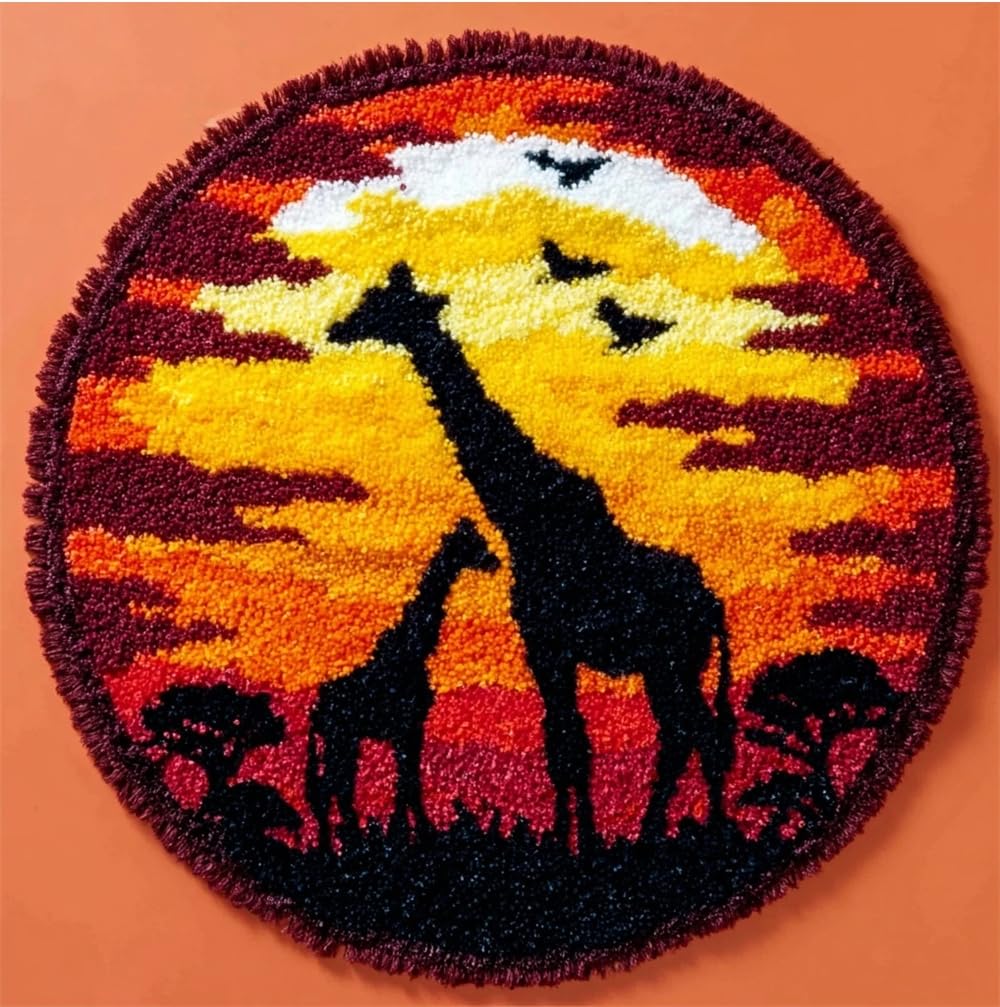 kitphoenix Latch Hook Kits for Adults, Sunset Giraffe 20X20Inch (50X50Cm) DIY Latch Hook Rug Kit, Home Carpet Rug Making Kit, Cross Stitch Embroidery Kits Needlework Crafts Rug for Home Decor