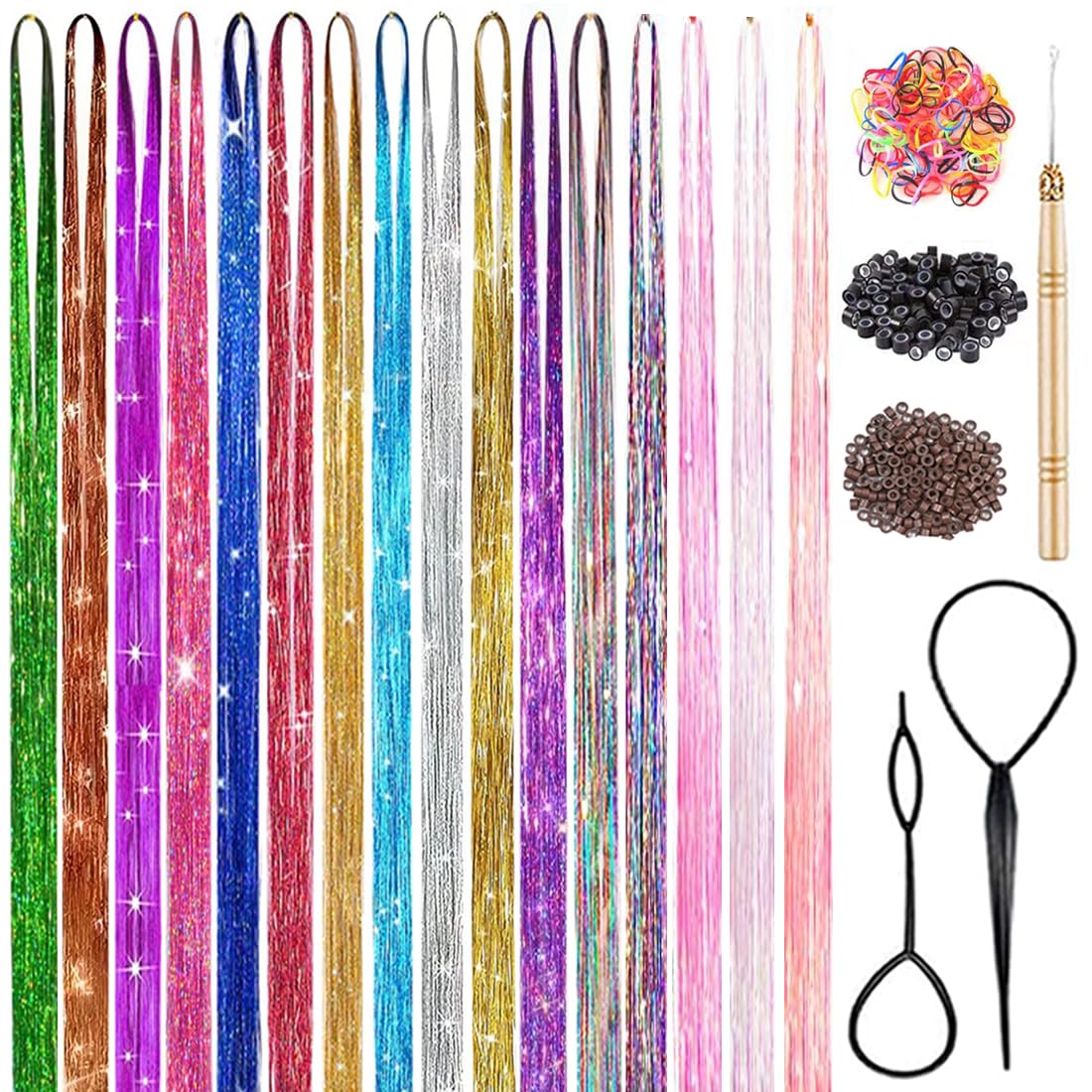 Hair Tinsel Kit (48 Inch,16 Colors, 4800 strands), Fairy Tinsel Hair Extensions with Tools - Glitter Hair Tinsel Heat Resistant Accessories for Girls Women Kids Christmas New Year Halloween Cosplay