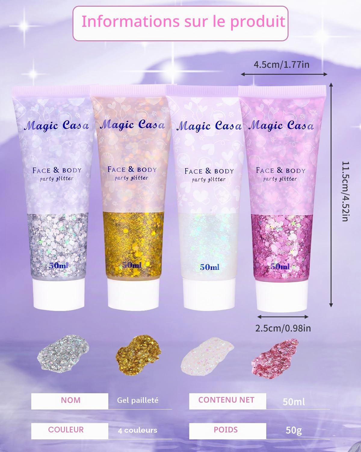 4 Pièce Paillette Maquillage Gel Paillettes Gel Paillettes Visage Glitter Body Gel Chunky Paillettes pour Cheveux, Corps, Visage, pour Festival Fête Noël Pâques Maquillage Décoration (50ml)