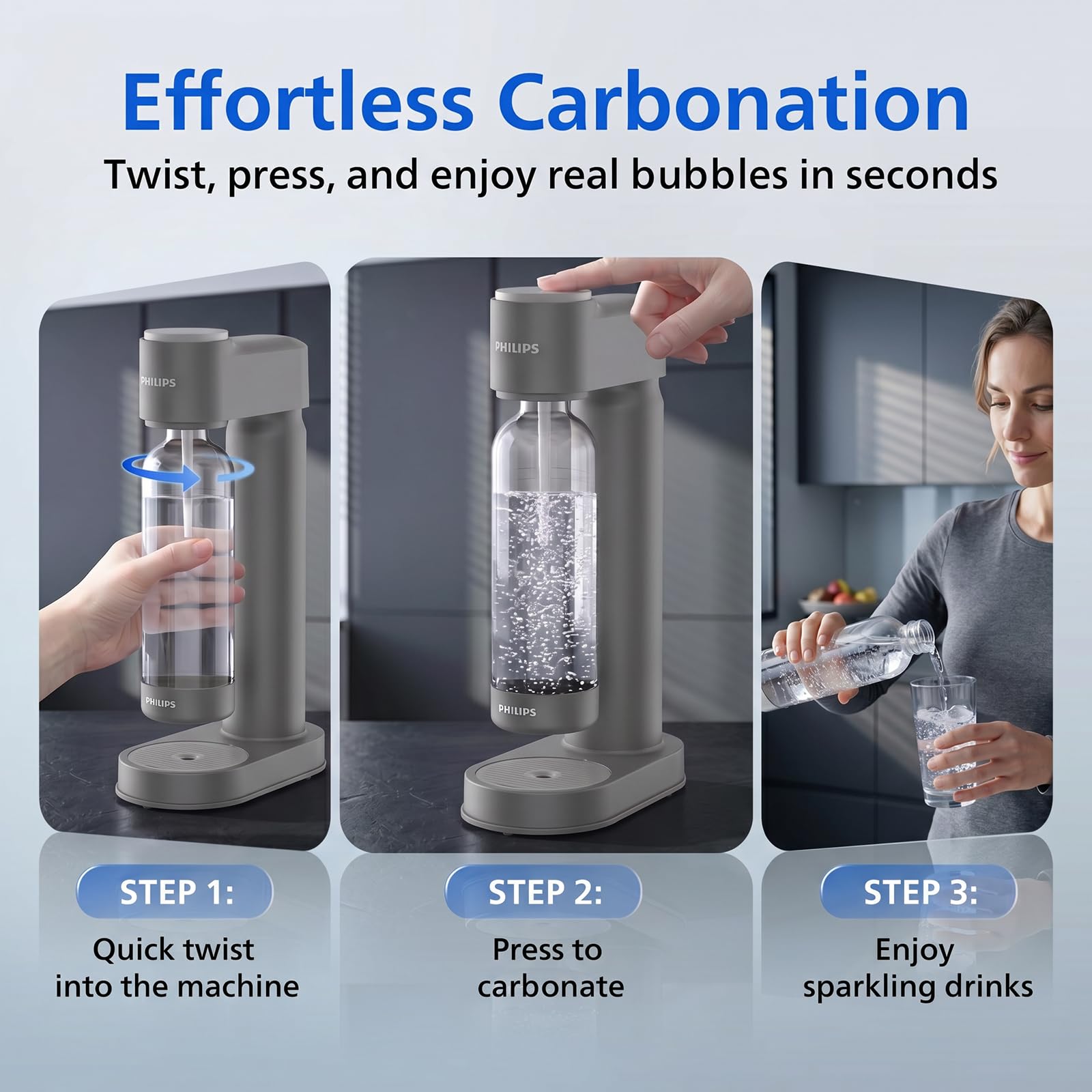 PHILIPS Machine à eau pétillante - Machine à soda - Qick Twist - Avec bouteille de gazéification de 1 l - Machine à eau pétillante Seltzer - Compatible avec n'importe quel gazéificateur de CO2 à