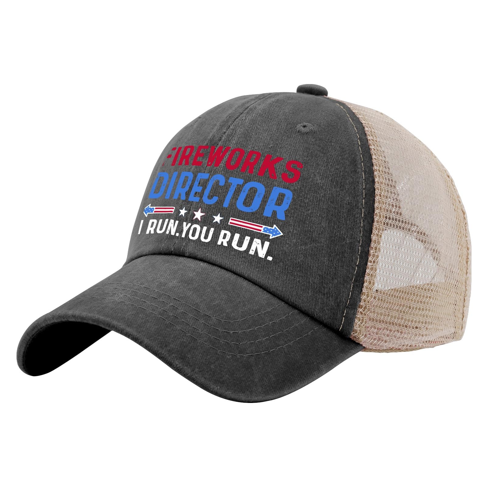 BEIXBE Fireworks Director I Run You Run Trucker Hat Women Vintage Mesh Hats for Summer Black
