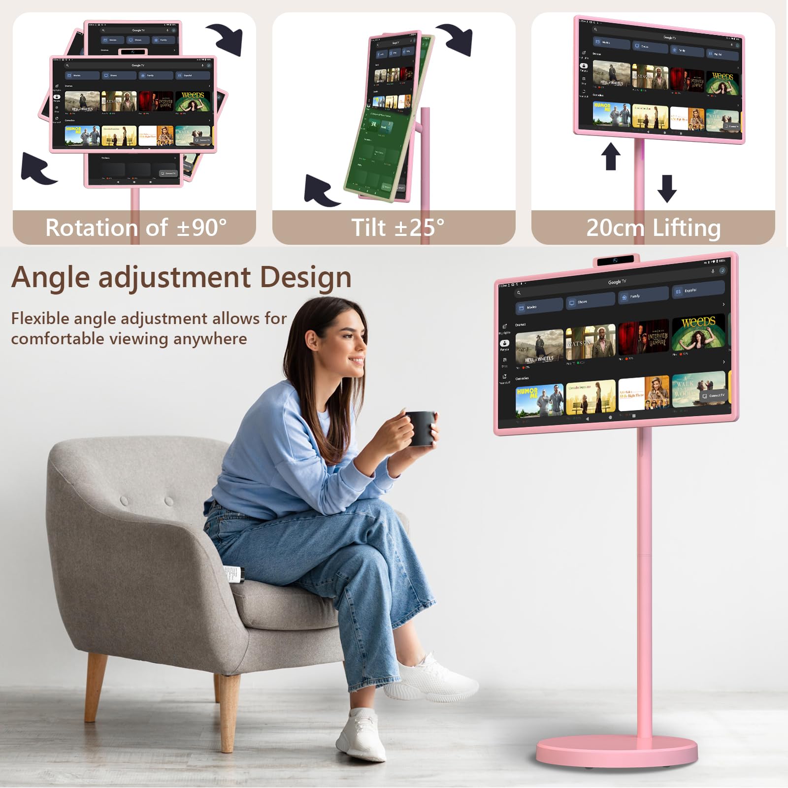 OFD TV portatile da 32 pollici su ruote FHD, Android 15, certificato EDLA, Rolling TV con 8+128GB ROM, monitor touch screen portatile, batteria incorporata 6-8H tempo di riproduzione, telecomando