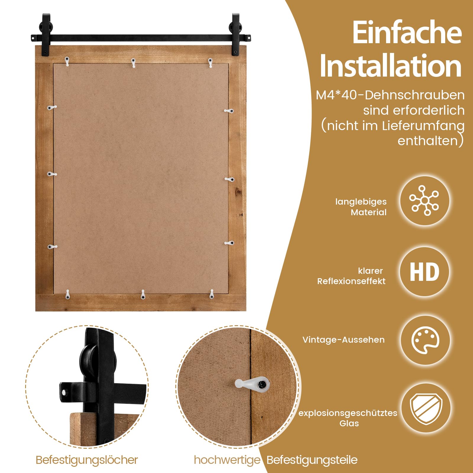 COSTWAY Prostokątne lustro z drewnianą ramą, 76,5 x 56 cm, rustykalne lustro ścienne, nietłukące się lustro wiszące z metalowym uchwytem, do korytarza, salonu, sypialni (brązowe), HZ10057DE