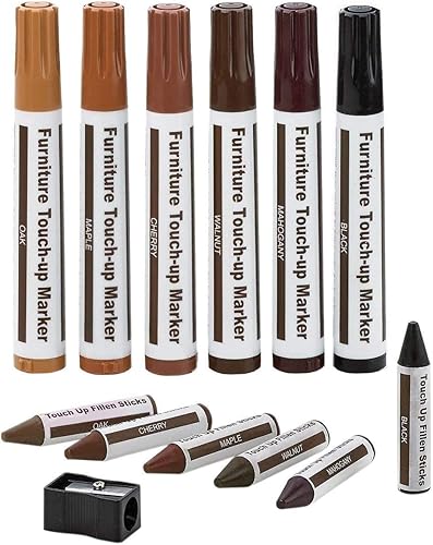 Furniture Repair Kit Wood Markers - Set of 13 - Markers and Wax Sticks with Sharpener Kit, for Stains, Scratches, Wood Floors, Tables, Desks,
