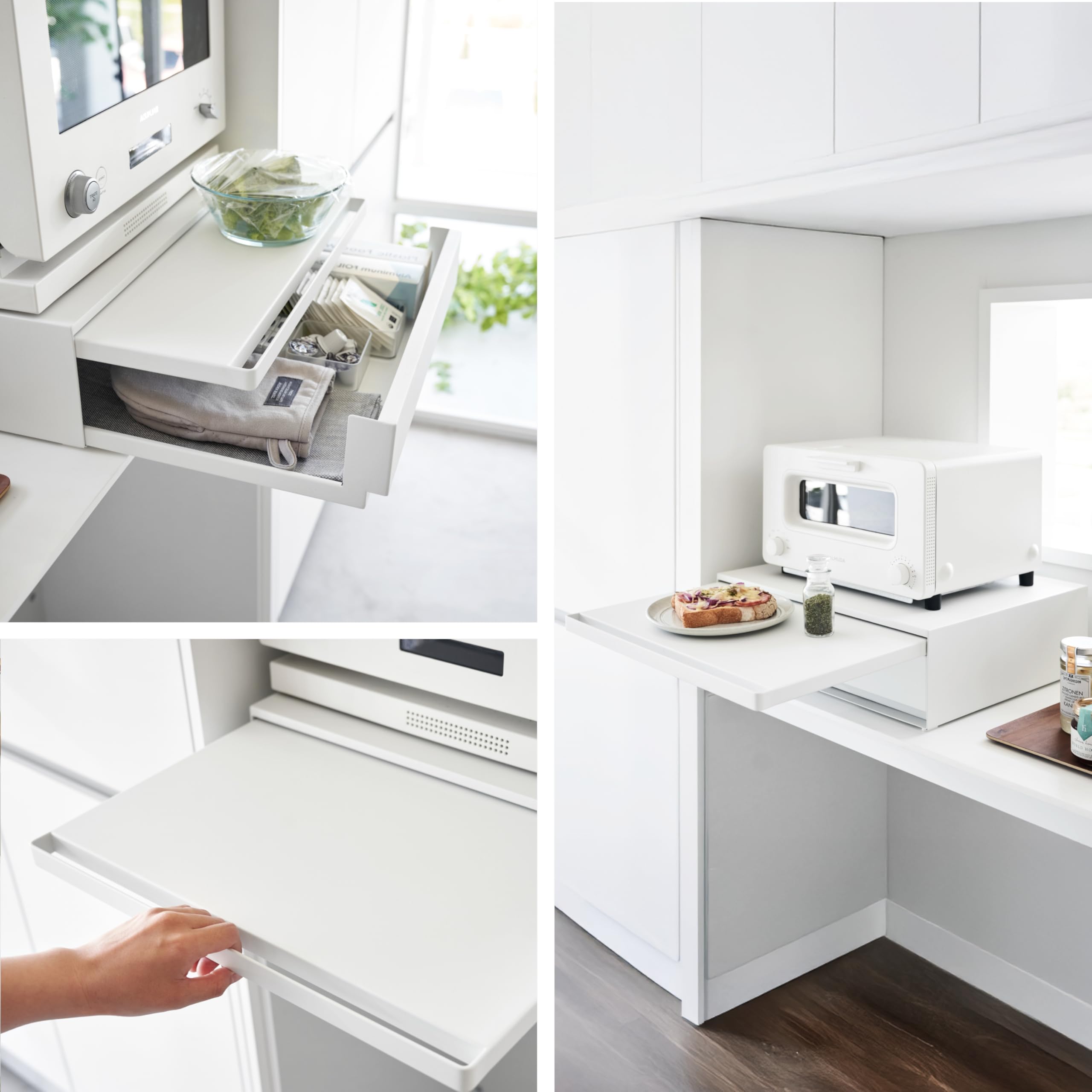 YAMAZAKI 2007 TOWER Sliding Countertop Tray with Drawer, white, Steel, 45 x 39.3-64 x 13.5 cm
