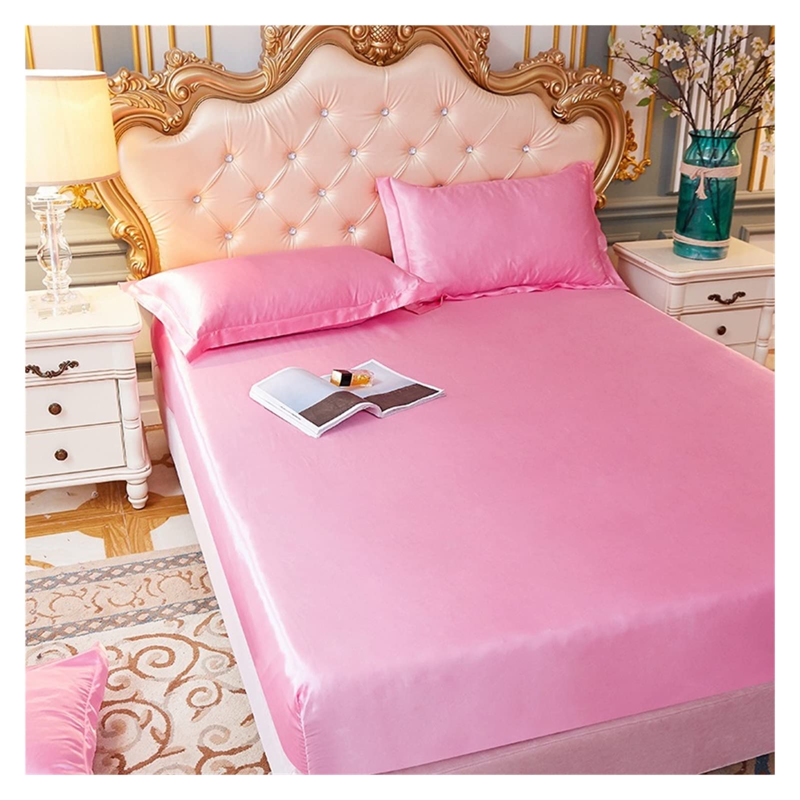 Sabanas Saten Juego De Sábanas De Satén Puro De Lujo For Cama De Matrimonio, Sábana Bajera Individual Doble con Banda Elástica(Dian ya zi,US Full Size 3 pcs)